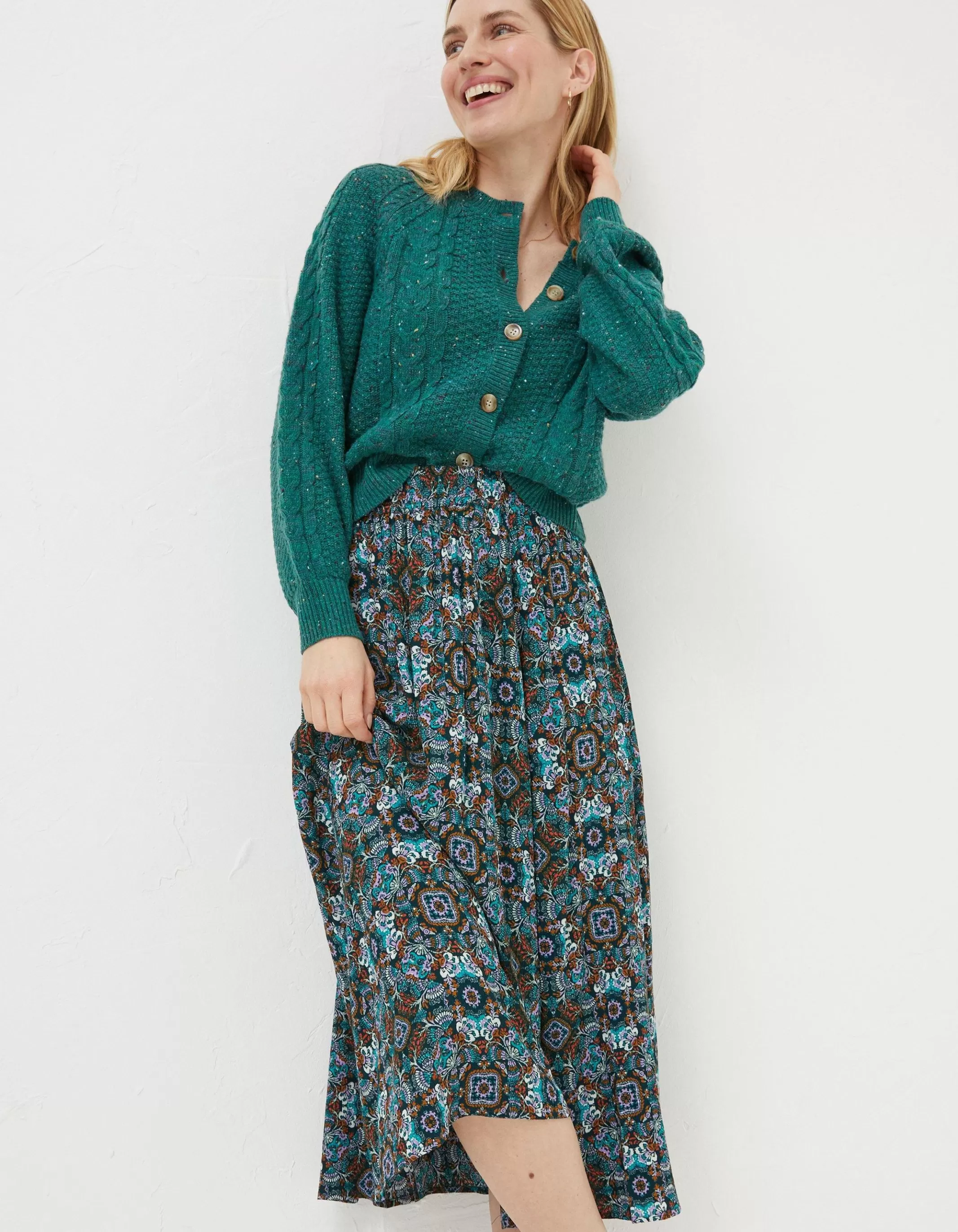 Cheap FatFace Millie Mirrored Midi Skirt Teal Green