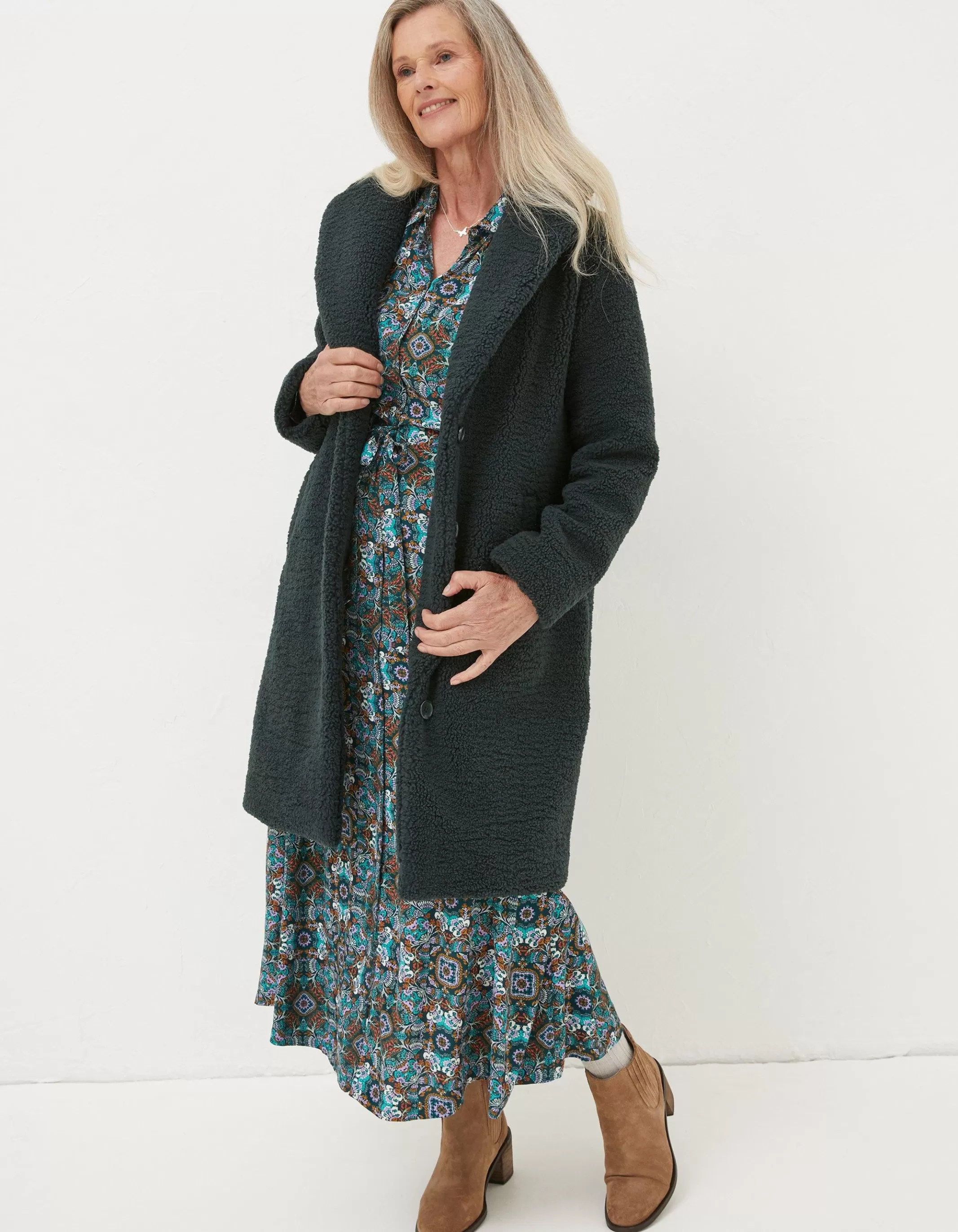 New FatFace Mylah Teddy Longline Coat Dark Teal