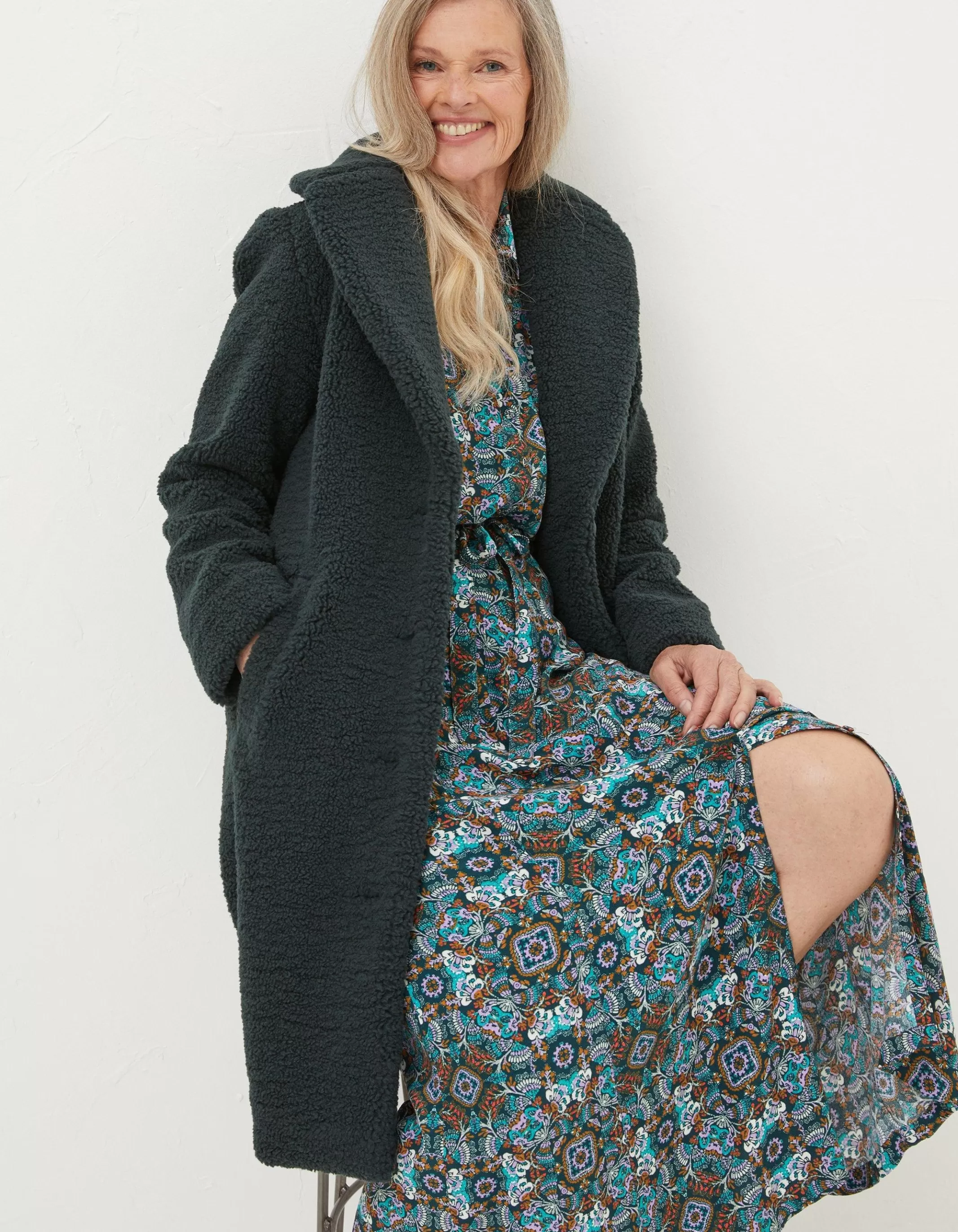 New FatFace Mylah Teddy Longline Coat Dark Teal