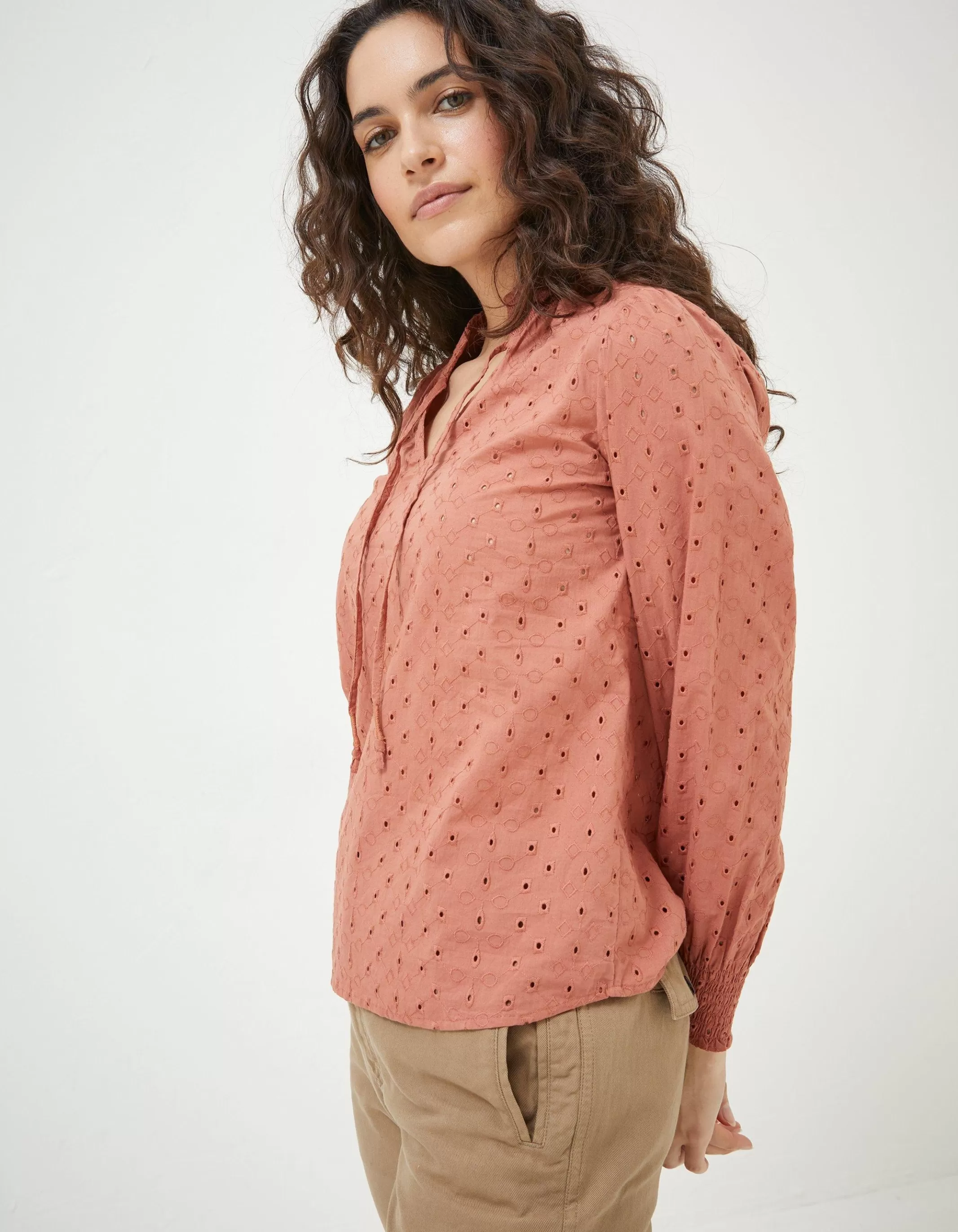 Clearance FatFace Nellie Broderie Blouse Rust Brown