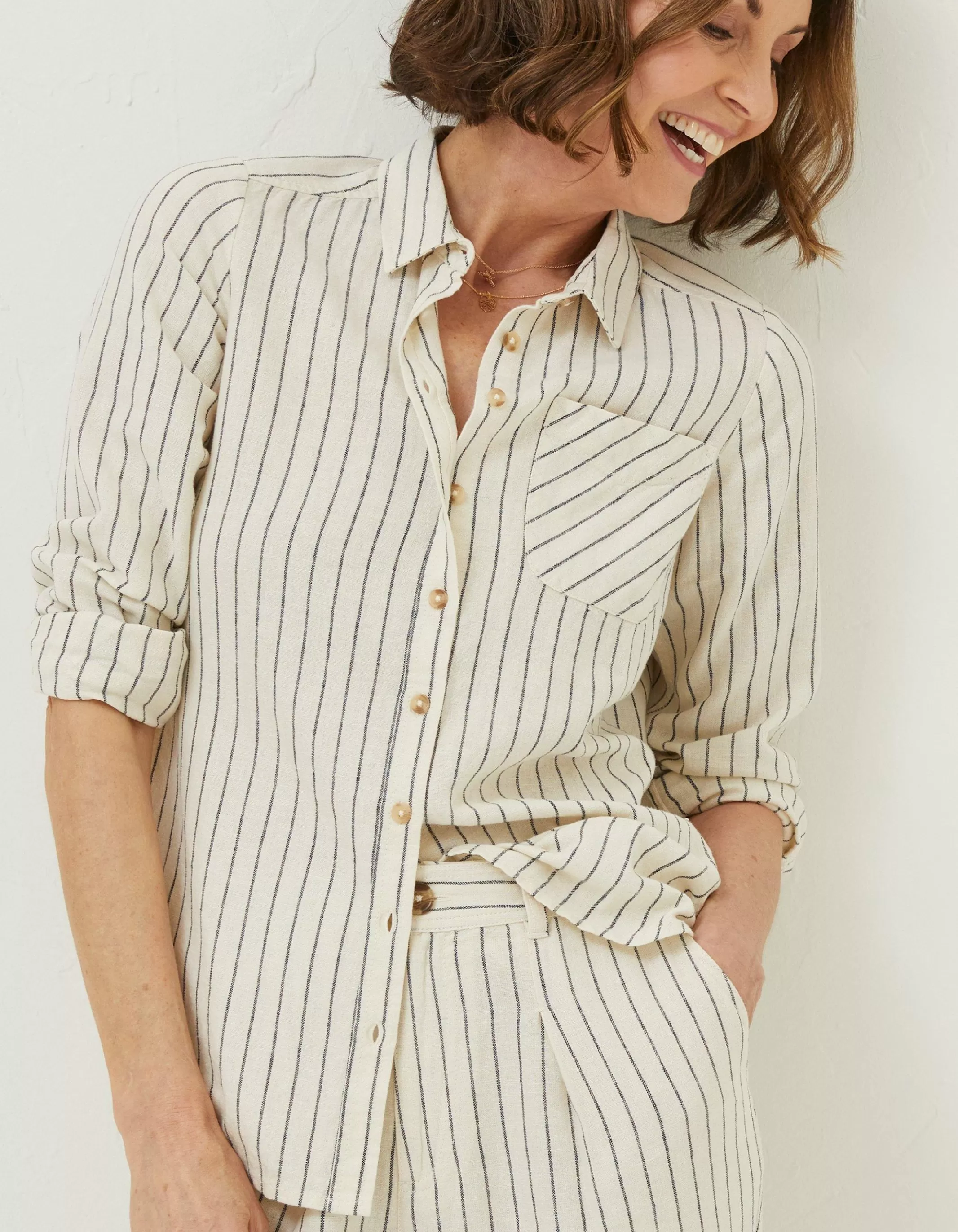 Store FatFace Olivia Stripe Linen Blend Shirt Ivory