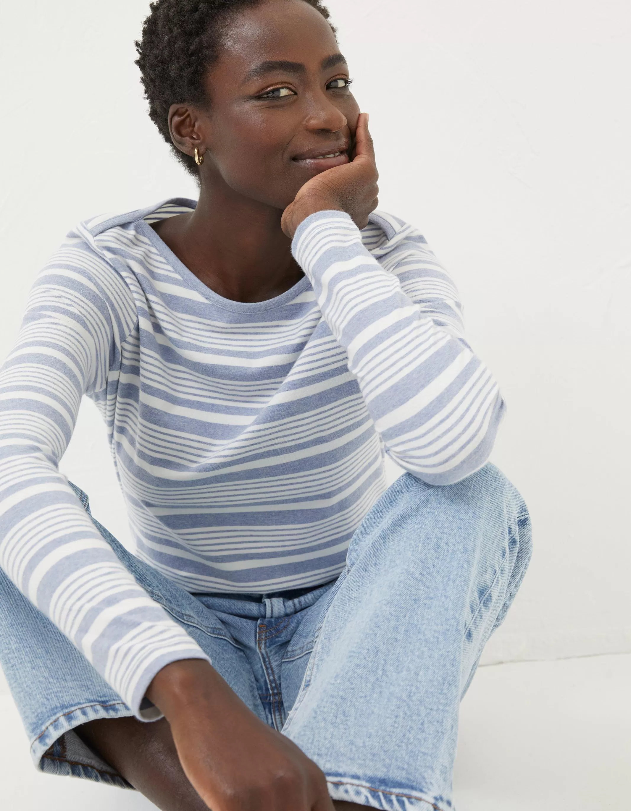 Hot FatFace Organic Cotton Breton Top Washed Blue