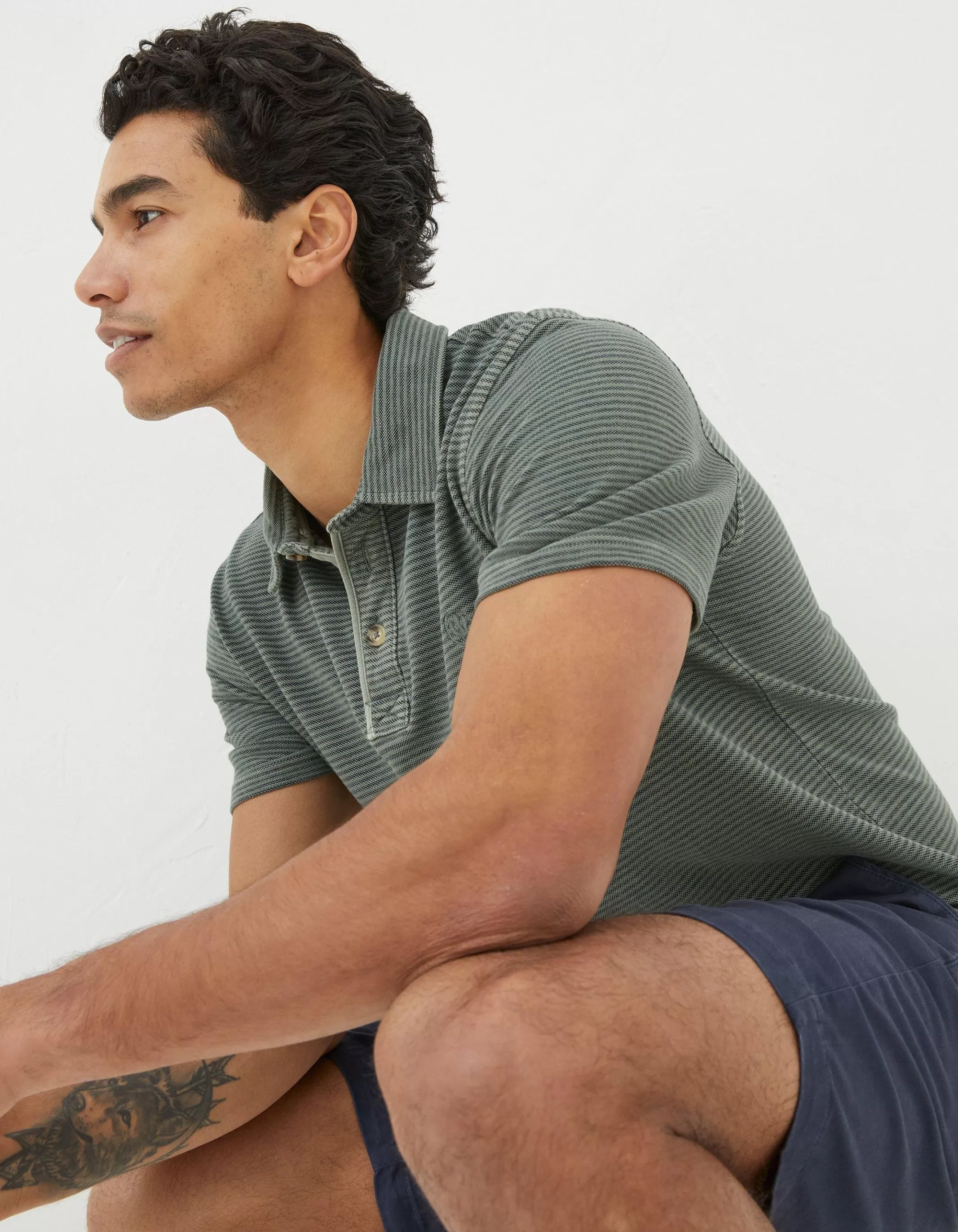 Outlet FatFace Organic Cotton Fine Stripe Polo Green