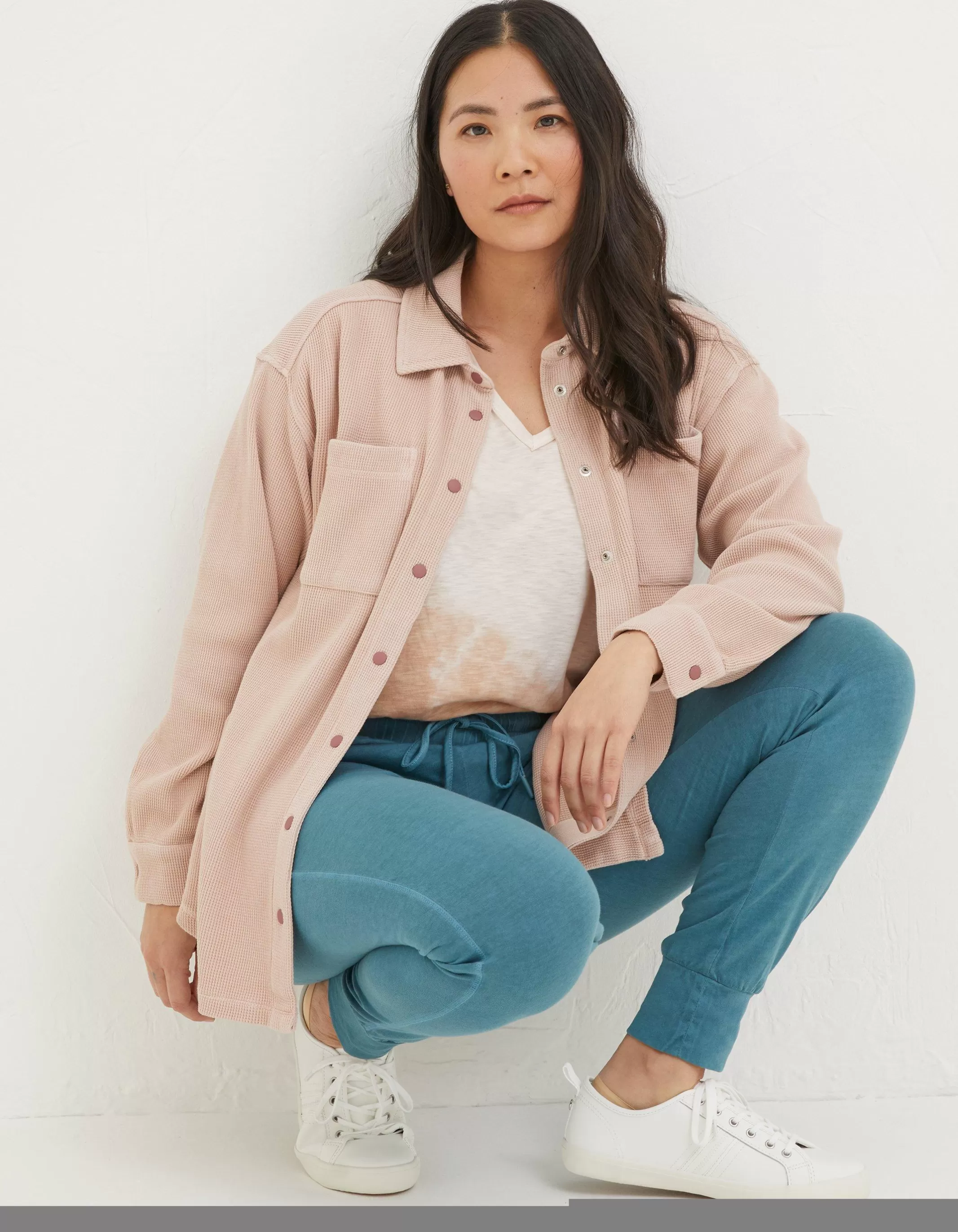New FatFace Organic Cotton Liza Waffle Shirt Light Pink