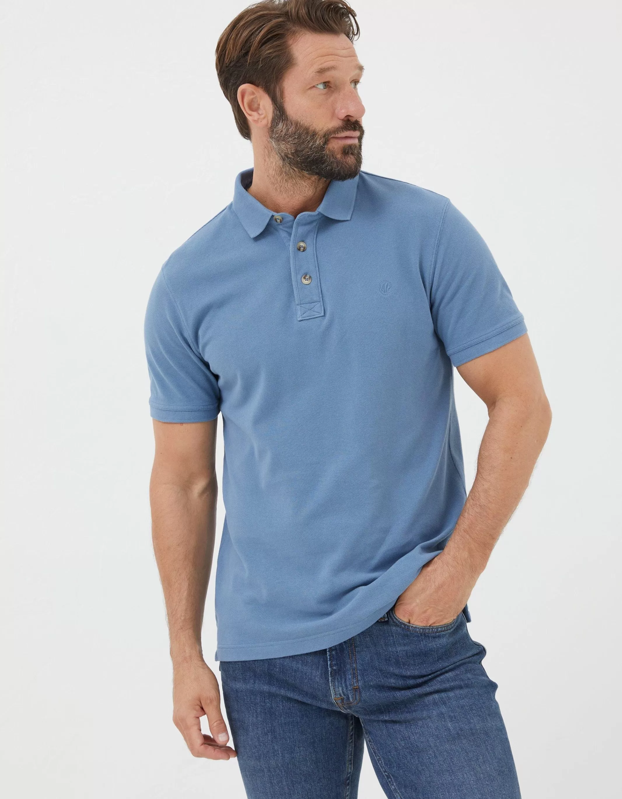 New FatFace Organic Cotton Pique Polo Light Denim Blue