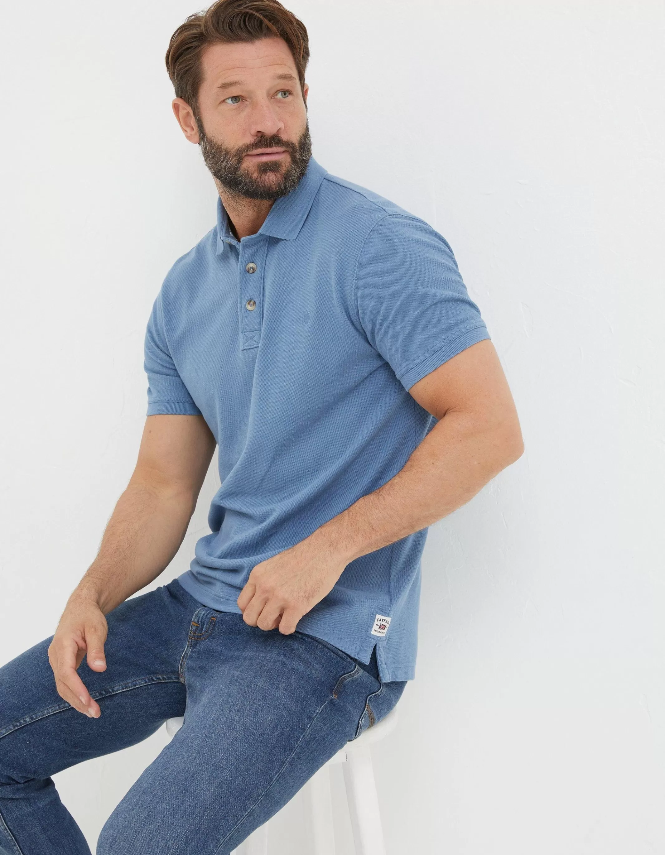 New FatFace Organic Cotton Pique Polo Light Denim Blue