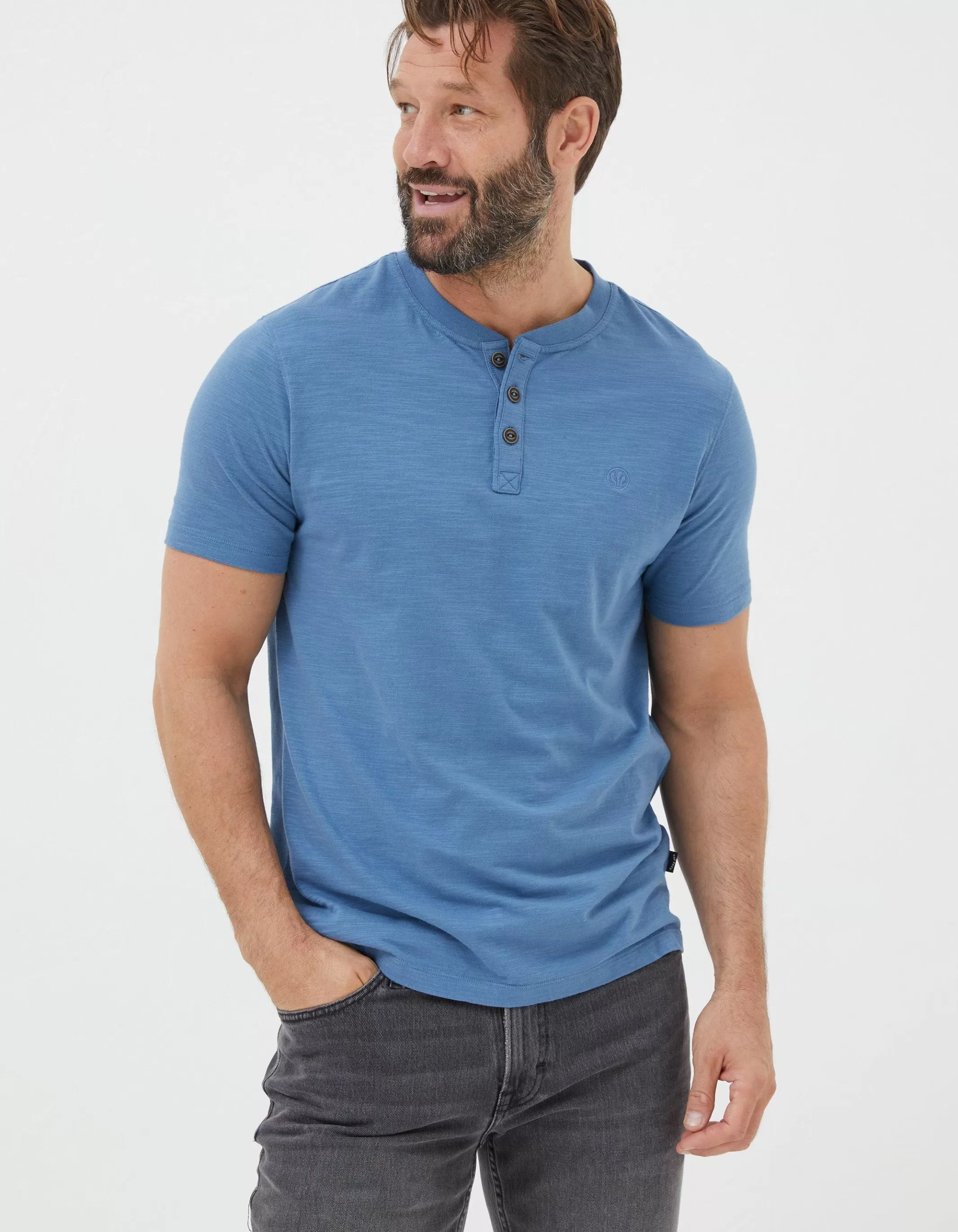 Sale FatFace Organic Cotton Woodside Slub Henley Light Denim Blue