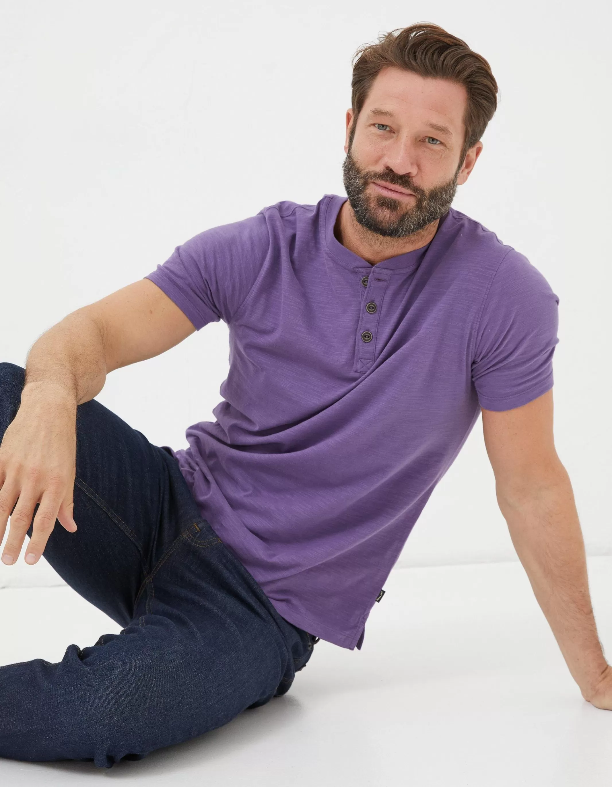 Cheap FatFace Organic Cotton Woodside Slub Henley Purple