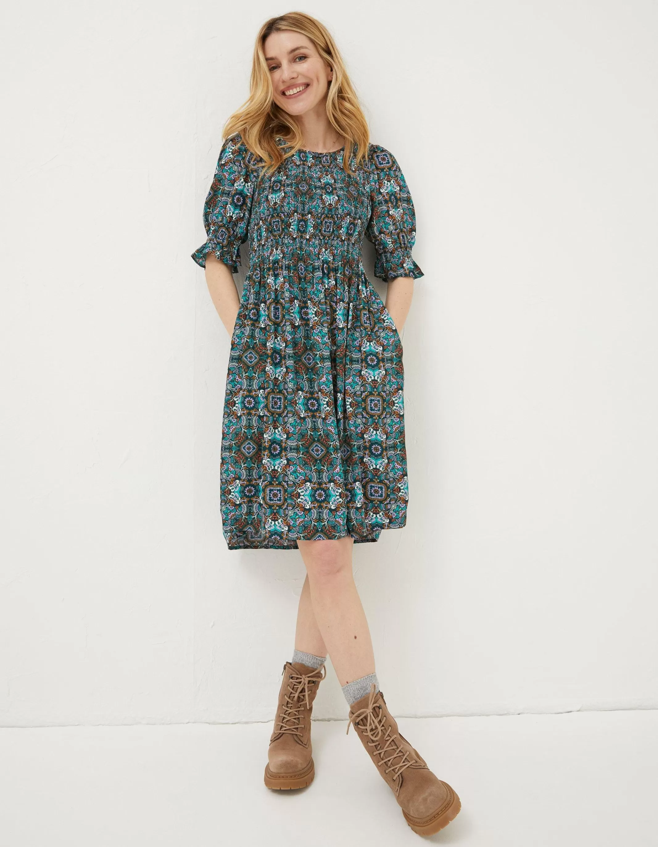 Outlet FatFace Pacey Mirrored Floral Dress Teal Green
