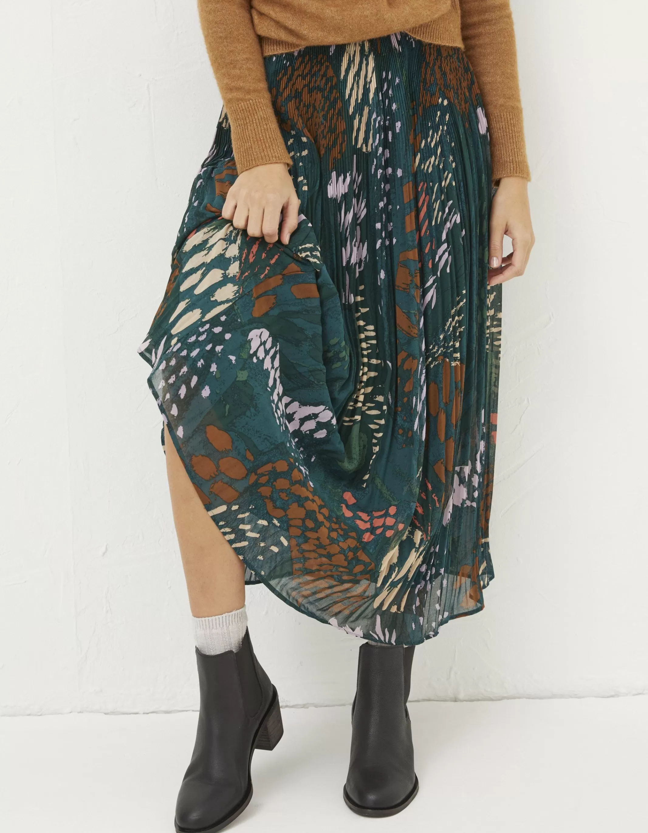 Best FatFace Paignton Landscape Pleated Midi Skirt Teal Green