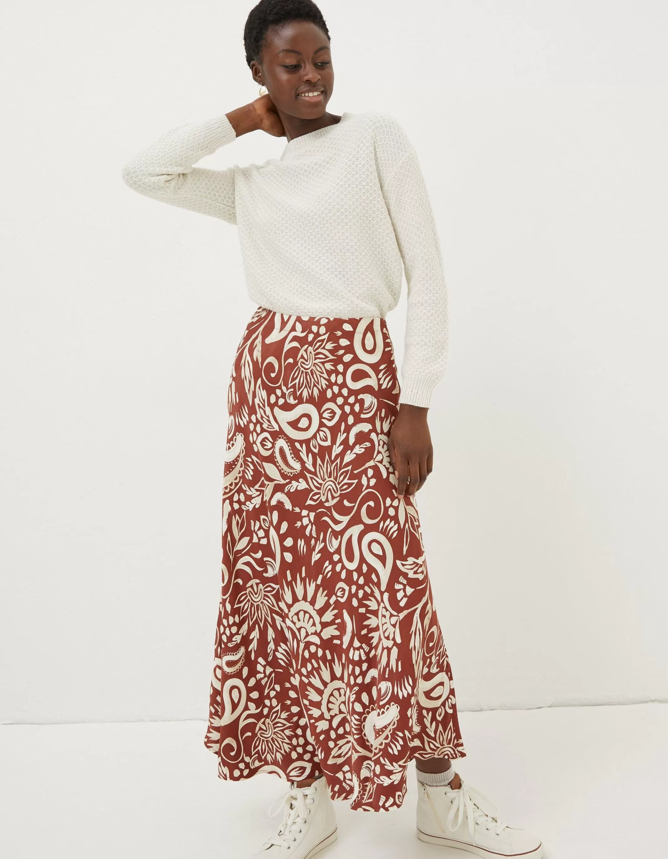 Outlet FatFace Pat Watercolour Midi Skirt Brown