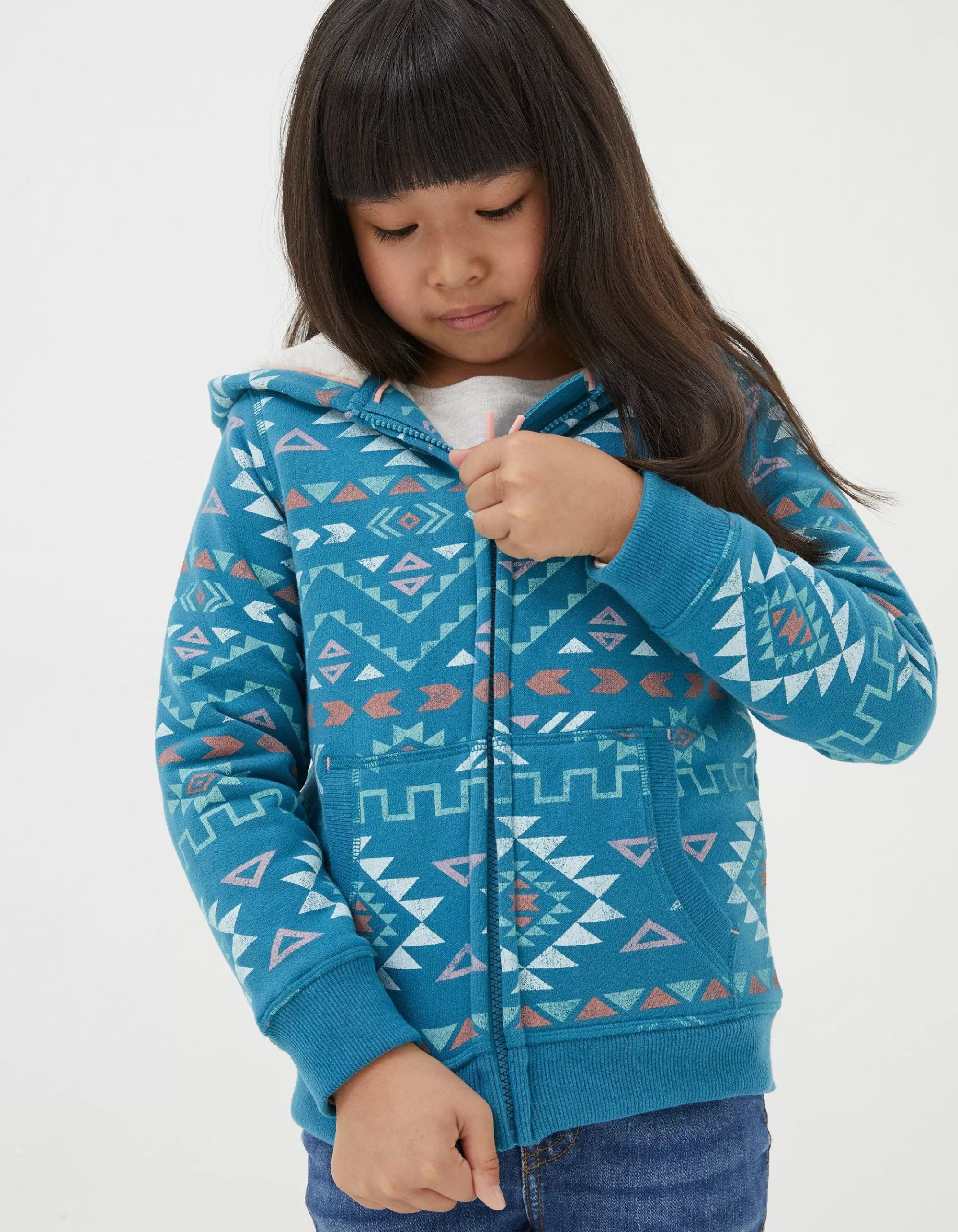 Hot FatFace Pattern Zip Sweat Hoodie Teal Green