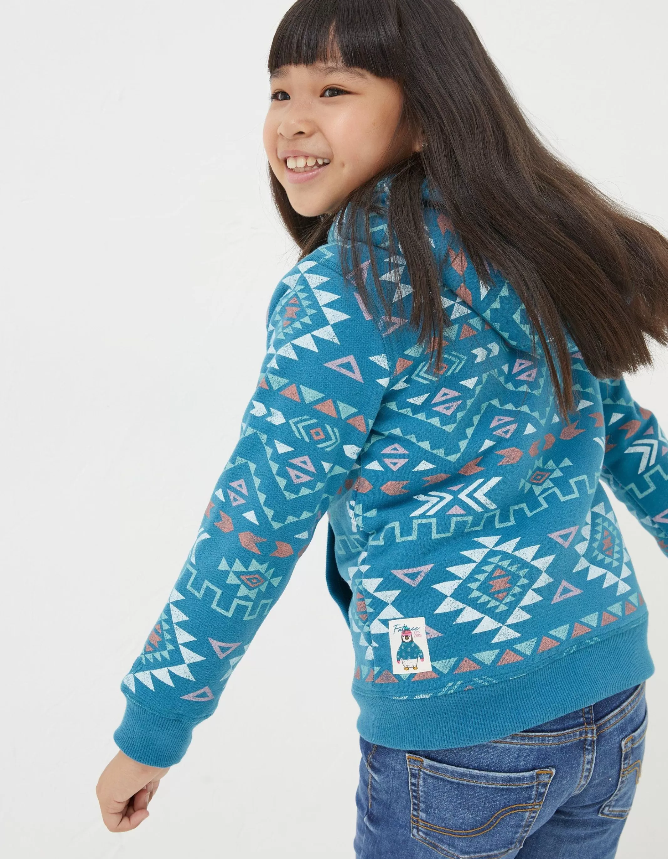 Hot FatFace Pattern Zip Sweat Hoodie Teal Green