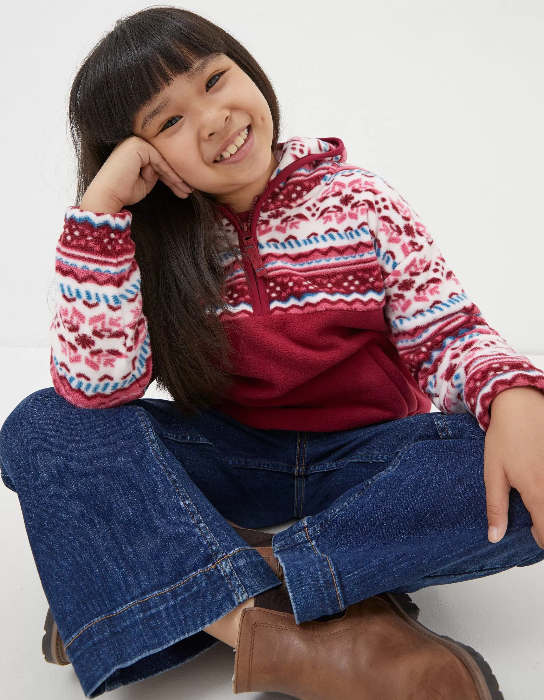 Outlet FatFace Patterned Microfleece Hoodie Rasp Red