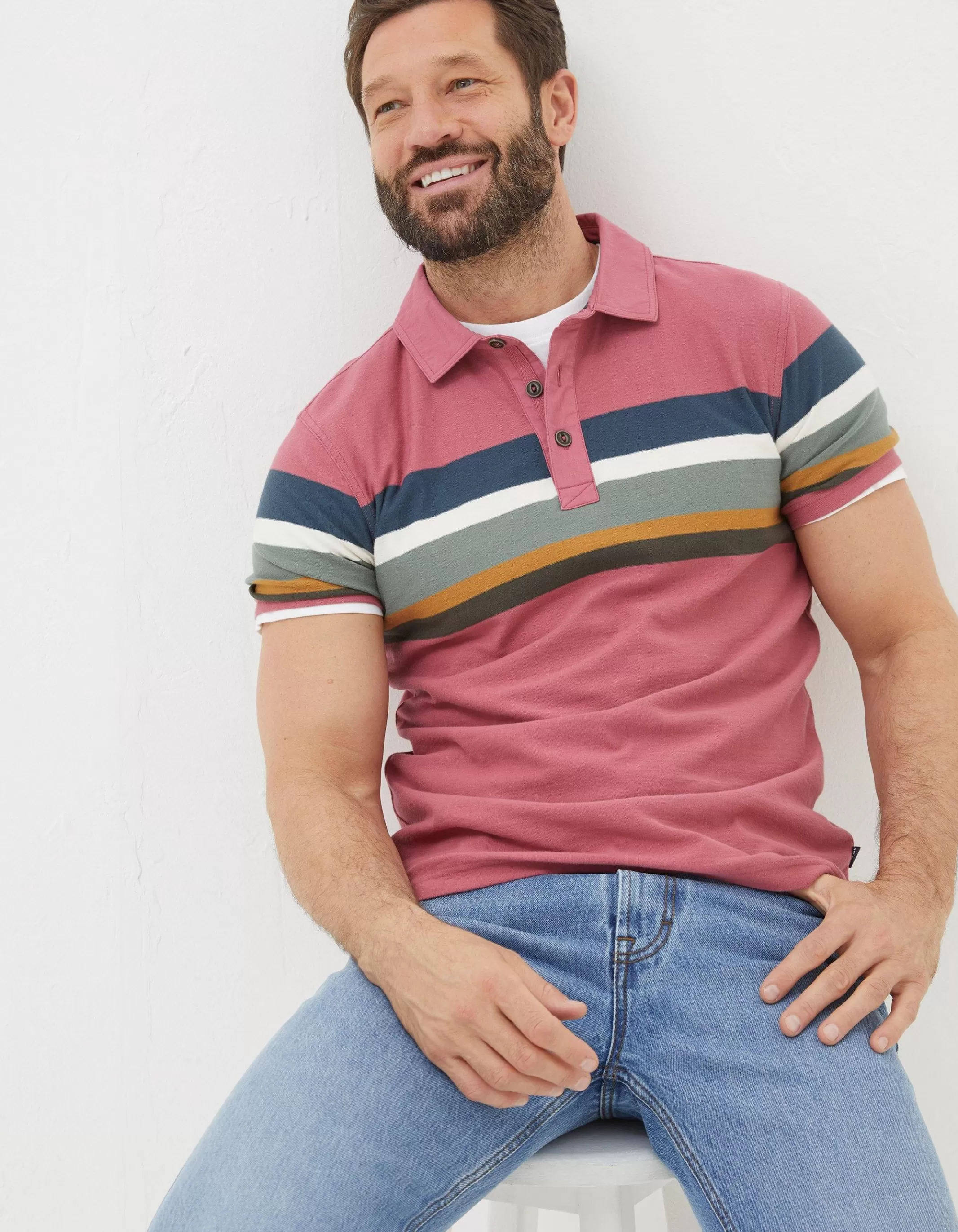 Cheap FatFace Perranporth Chest Stripe Polo Rose Pink