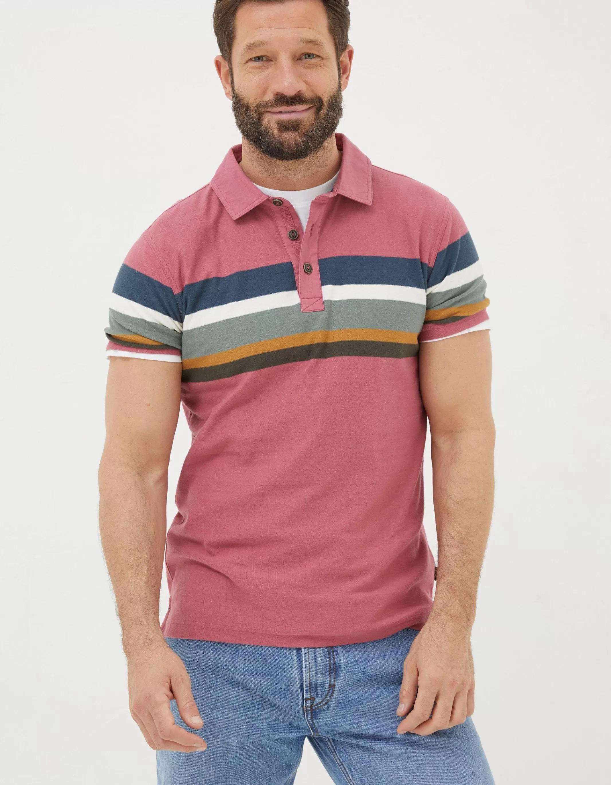 Cheap FatFace Perranporth Chest Stripe Polo Rose Pink