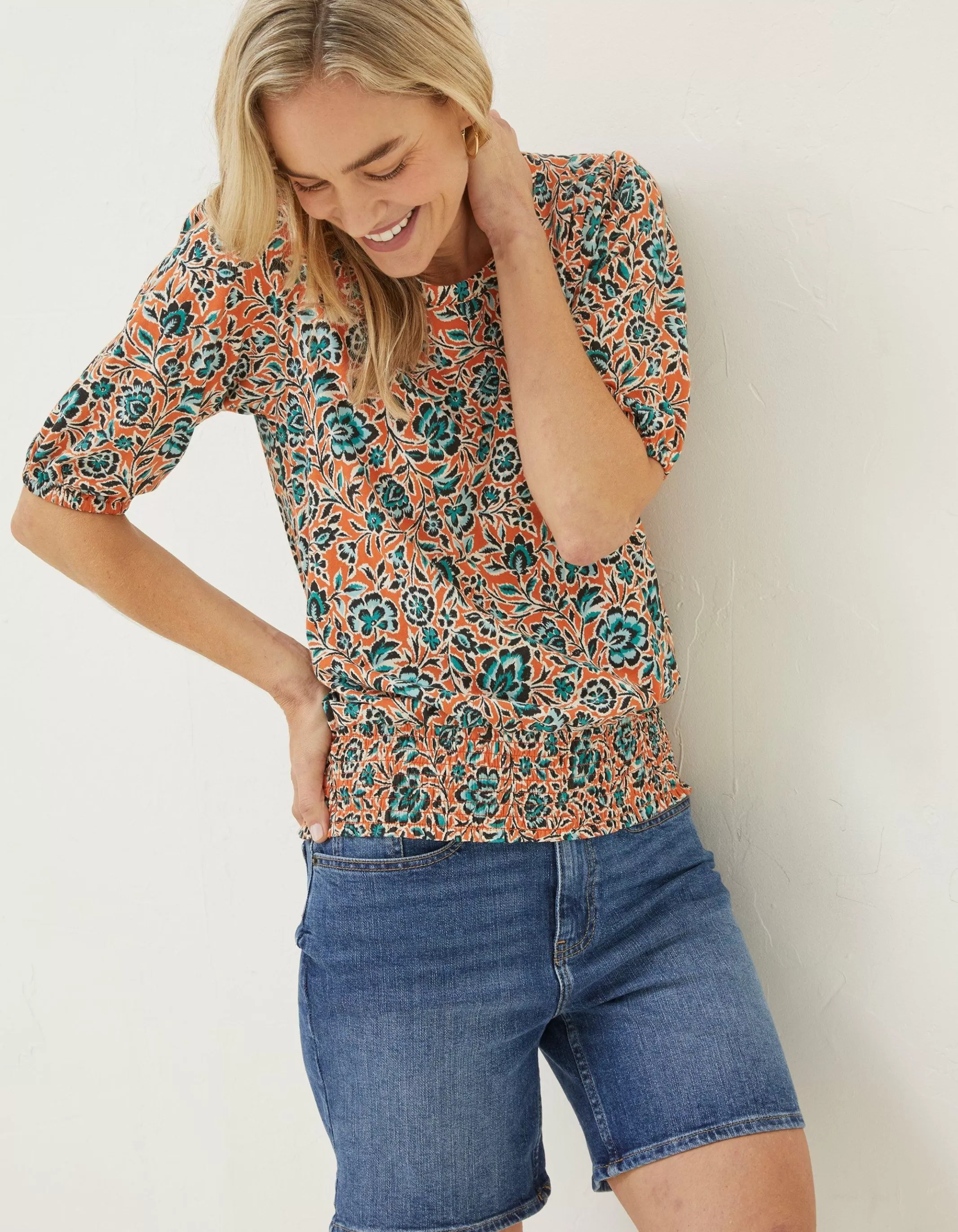 Fashion FatFace Perrie Sketch Floral Top Orange