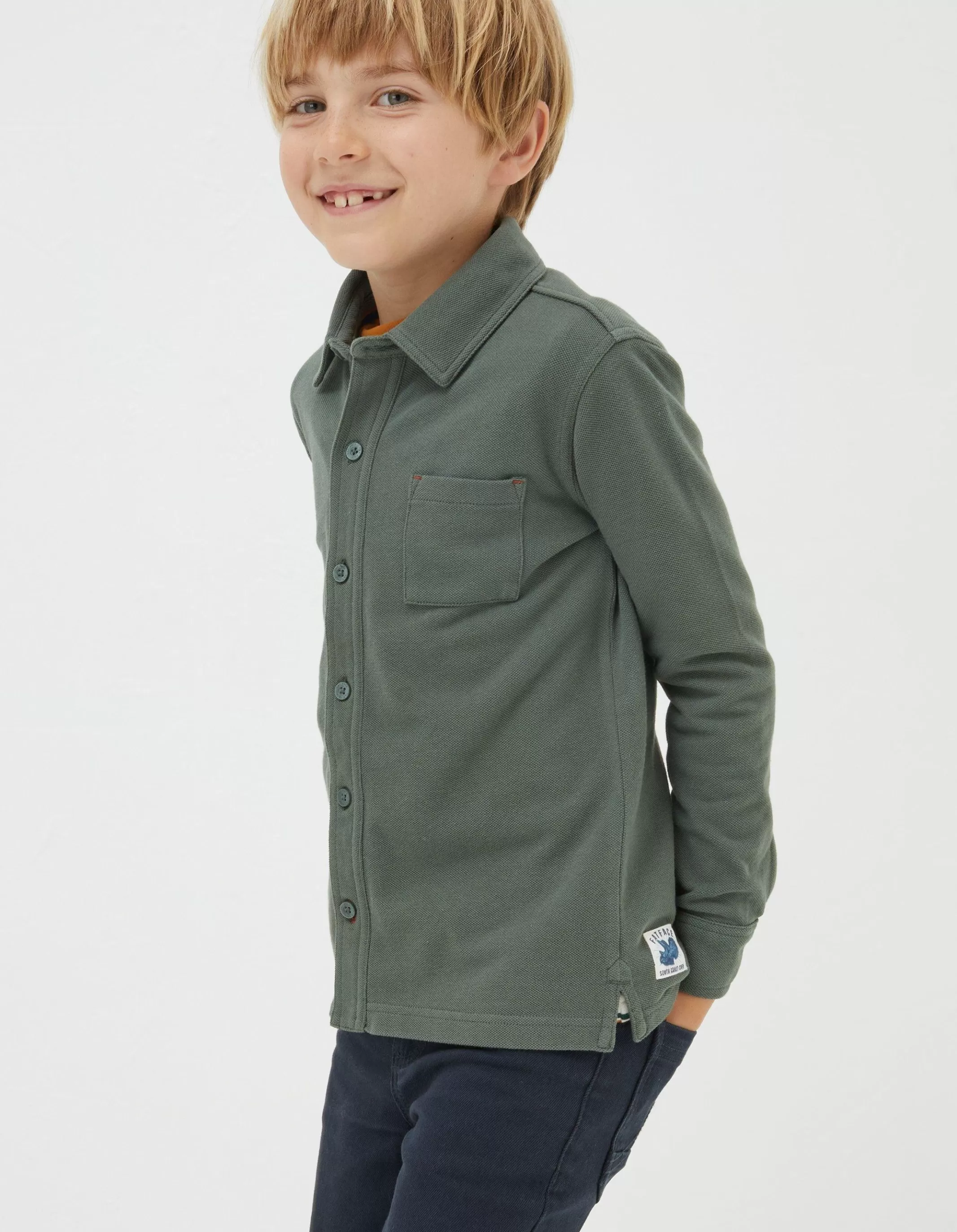 Store FatFace Pique Long Sleeve Shirt Khaki Green
