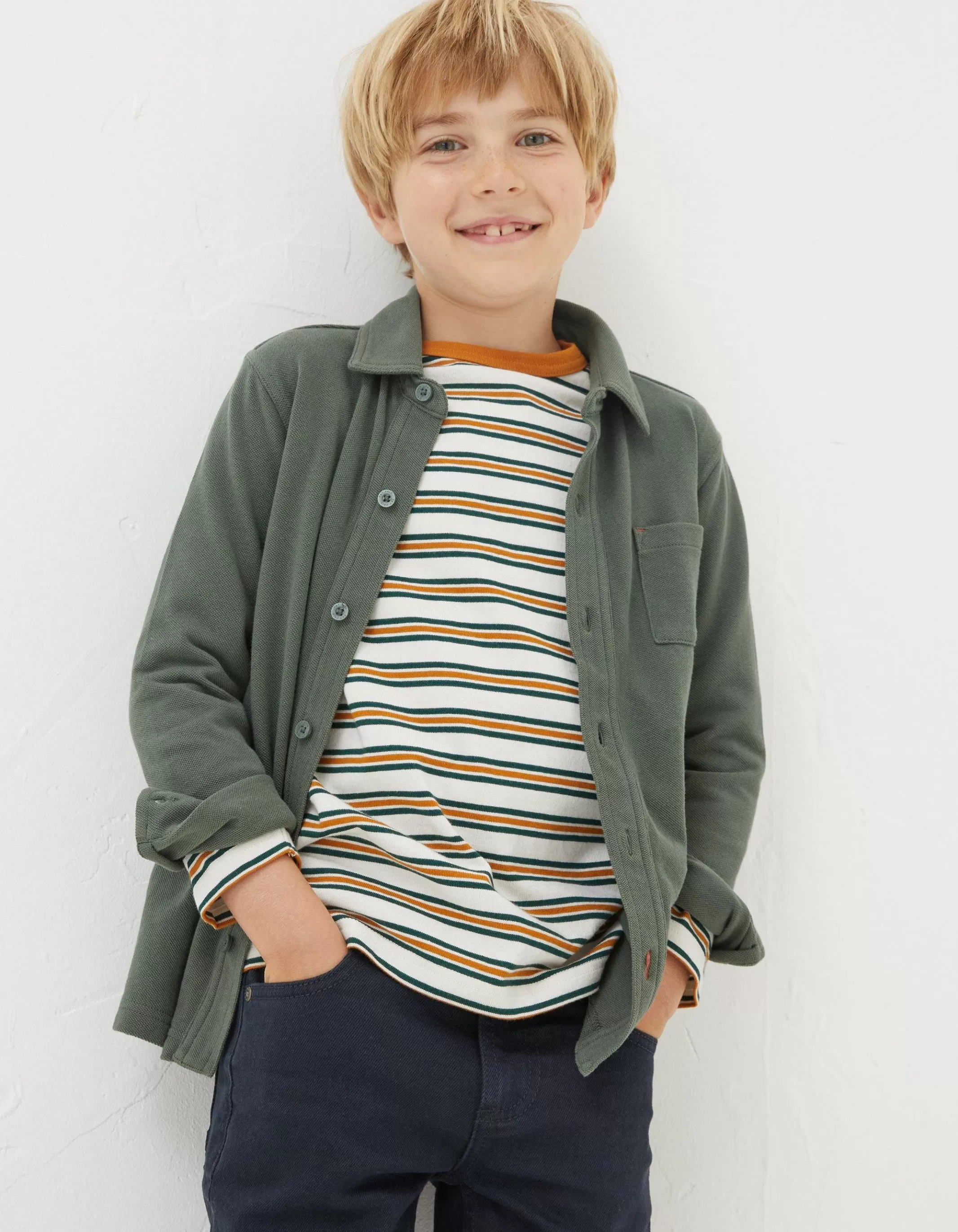 Store FatFace Pique Long Sleeve Shirt Khaki Green