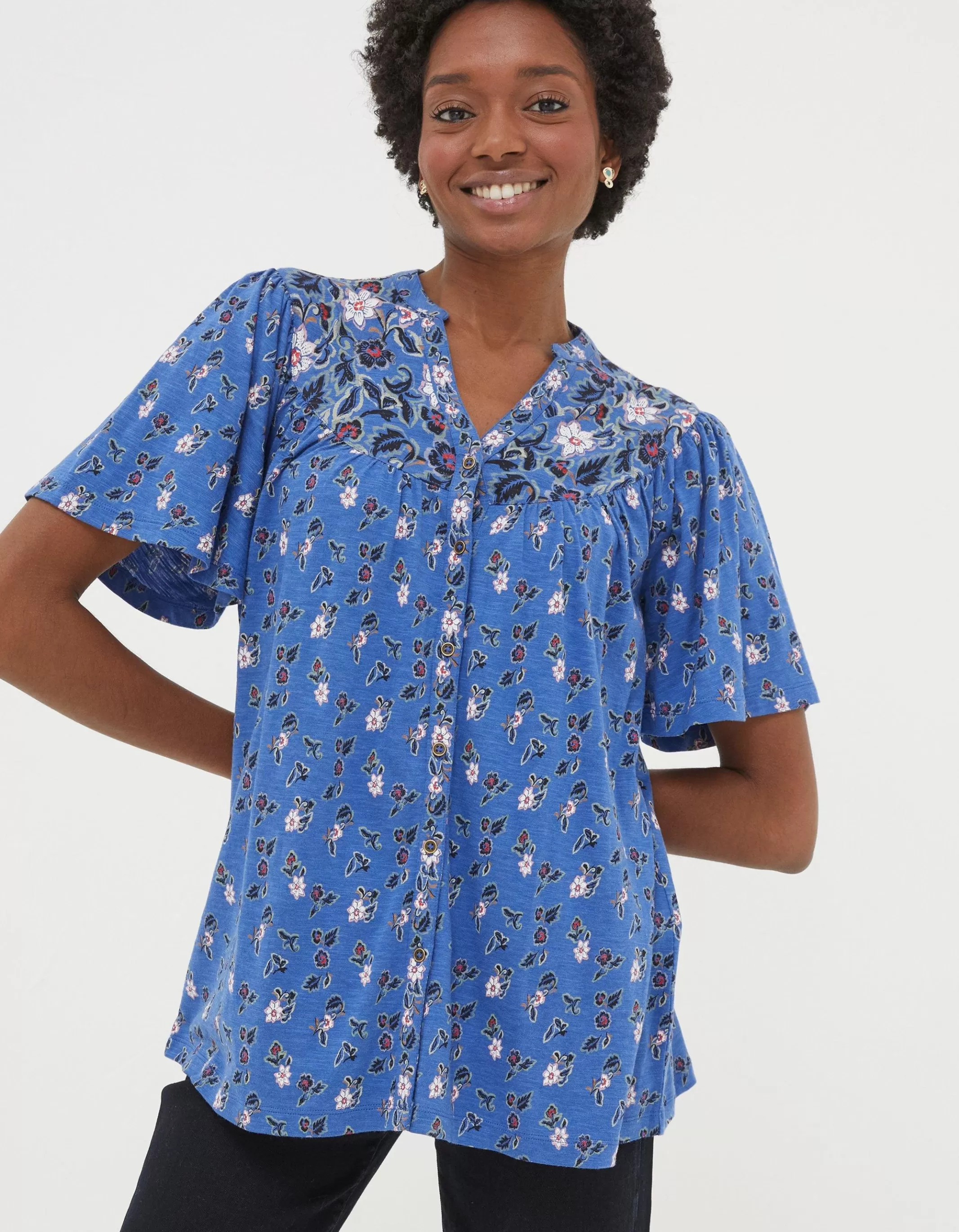 Store FatFace Polly Layered Floral Top Blue