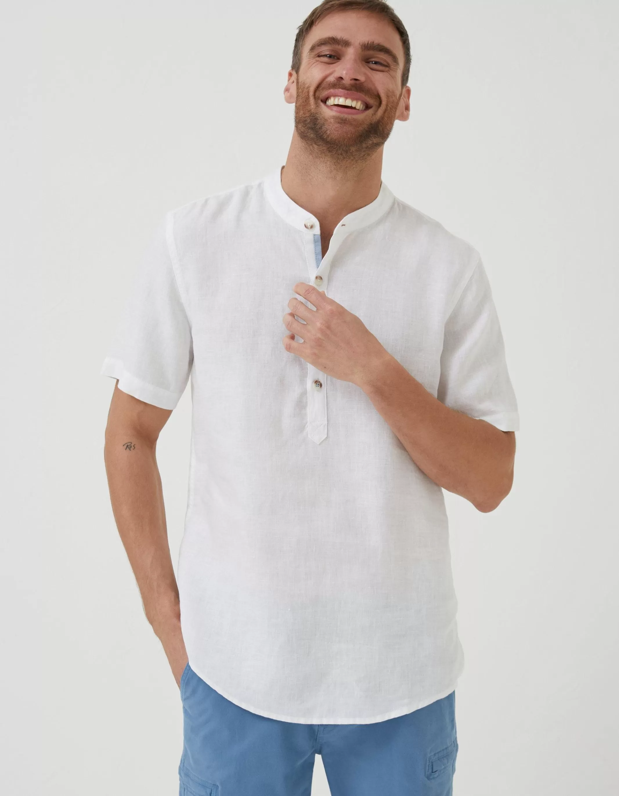 Cheap FatFace Pop Over Linen Shirt White