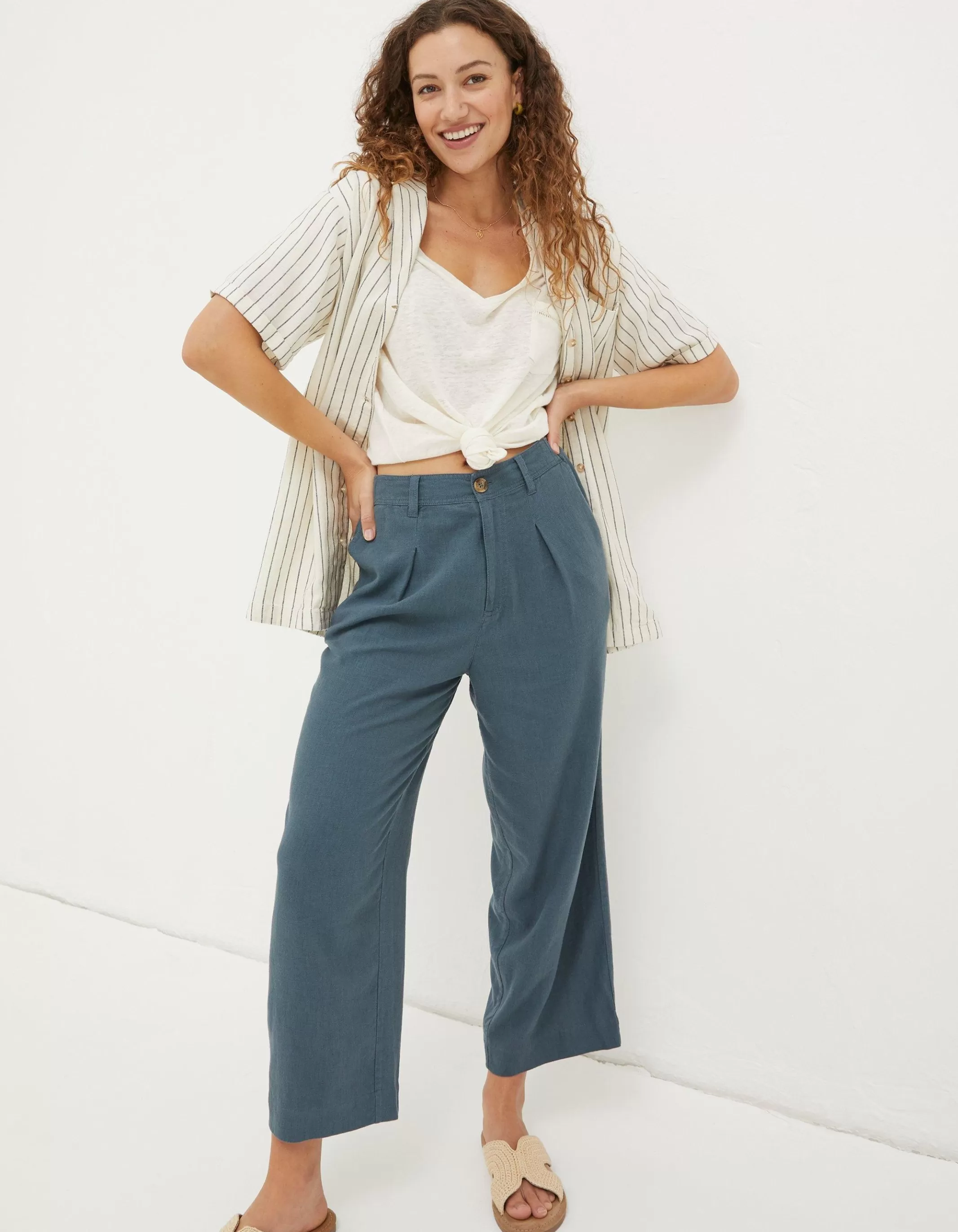 Best Sale FatFace Portloe Linen Blend Trousers Teal Blue