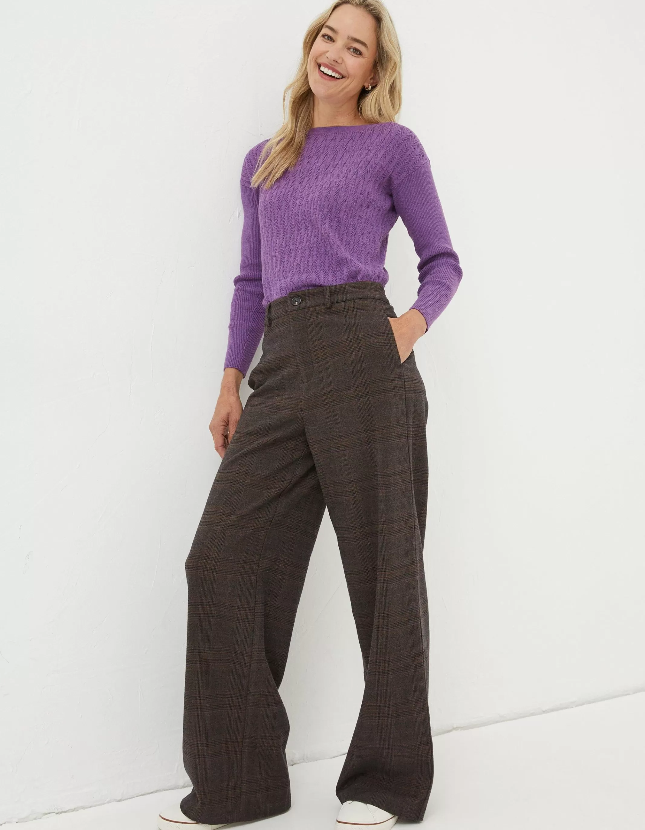 Cheap FatFace Presley Check Wide Leg Trousers Purple