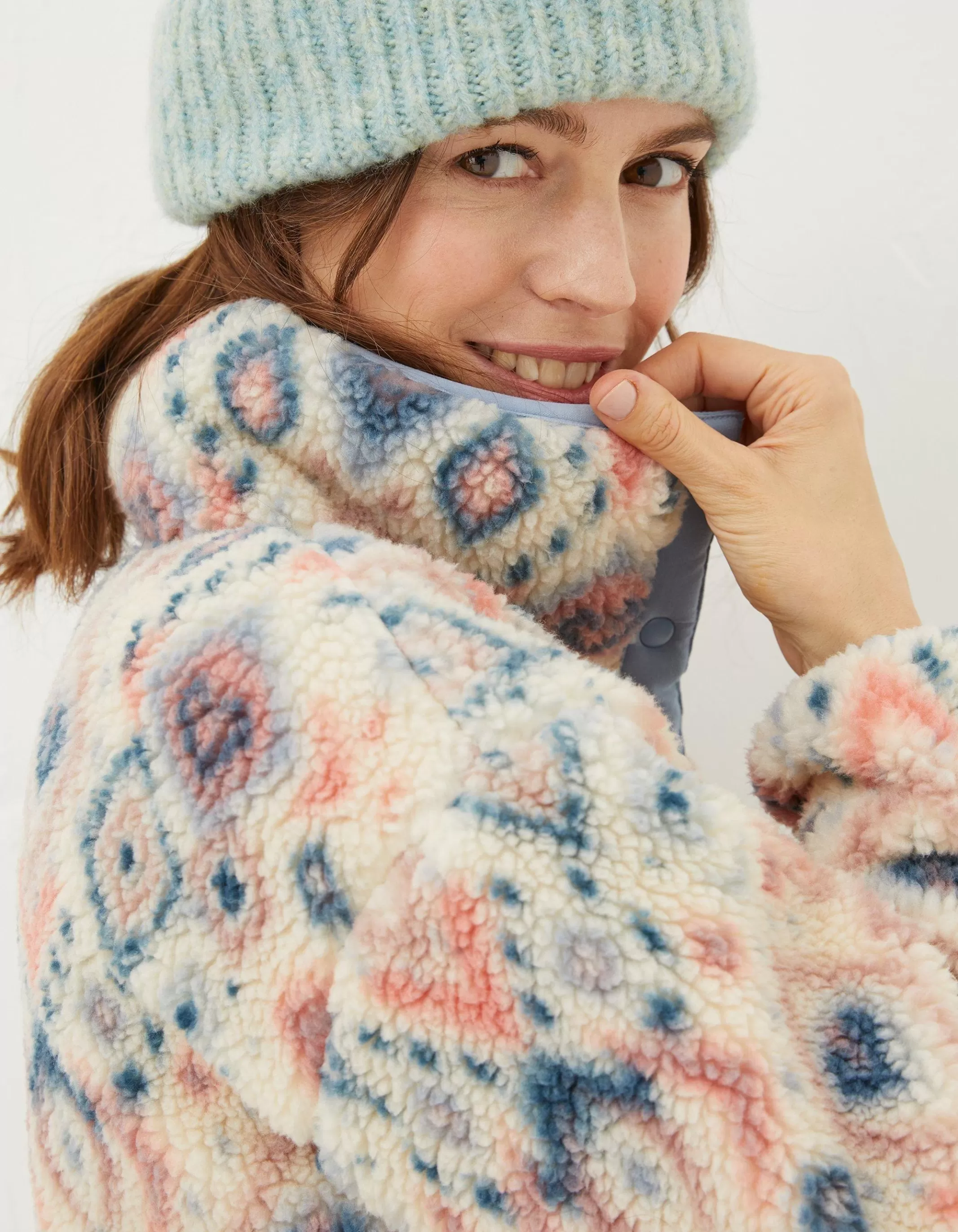 Shop FatFace Printed Half Neck Fleece Ivory