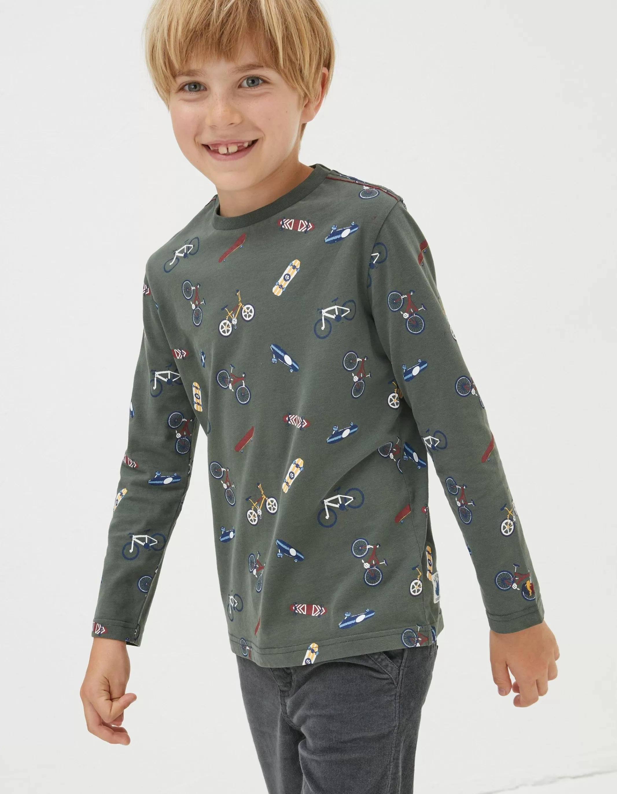 Fashion FatFace Printed Long Sleeve T-Shirt Khaki Green