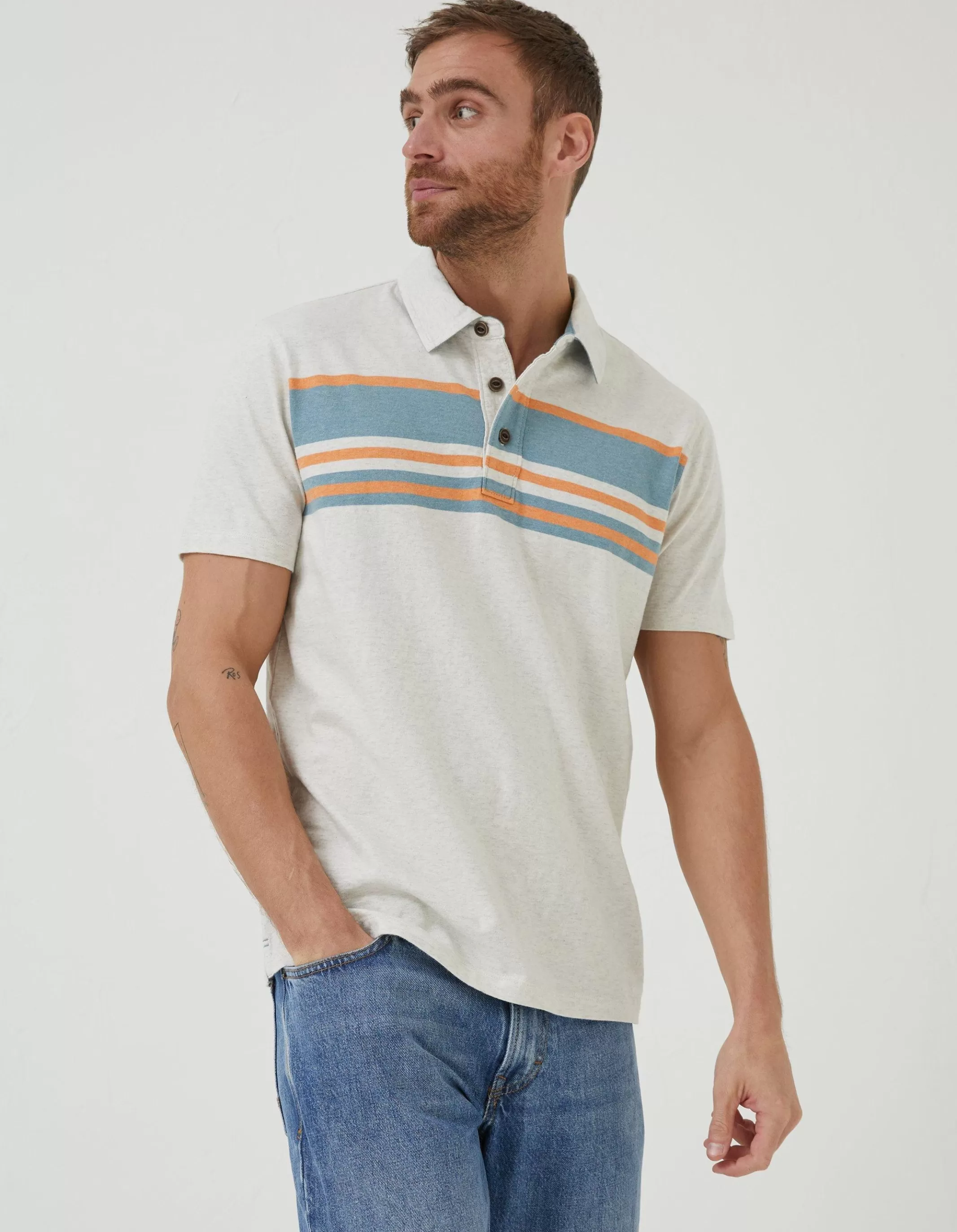 Cheap FatFace Purbeck Chest Stripe Polo Off White