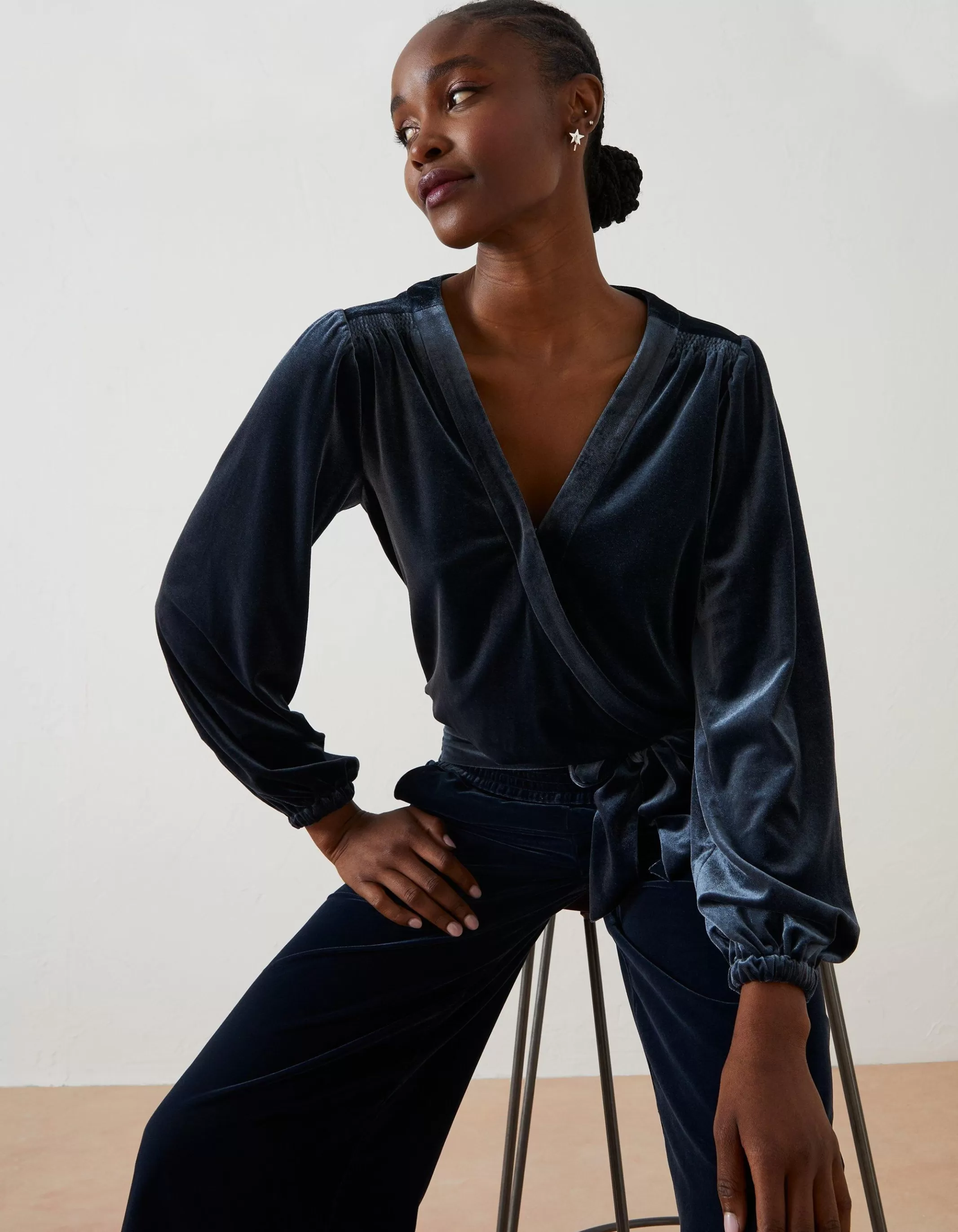 Flash Sale FatFace Reese Velvet Wrap Top Dark Navy
