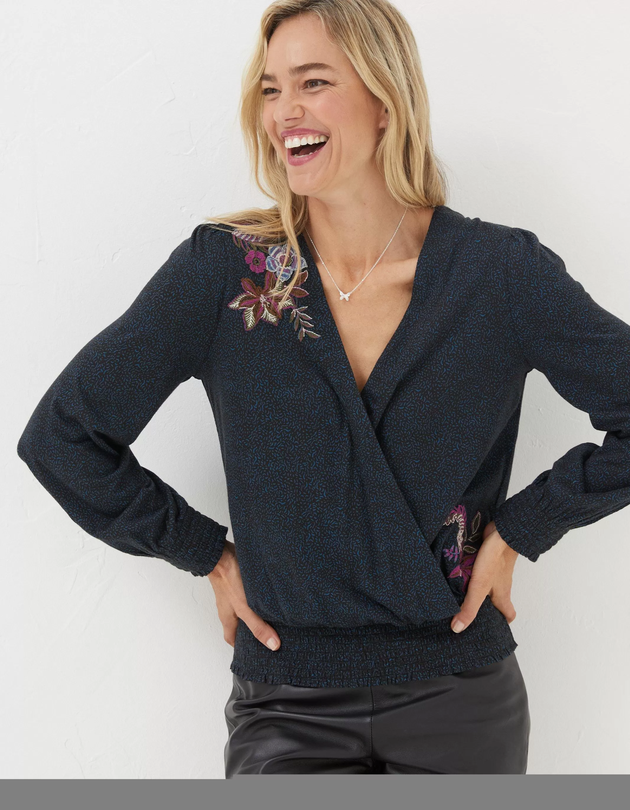 Shop FatFace Remi Embroidered Dotted Floral Top Black