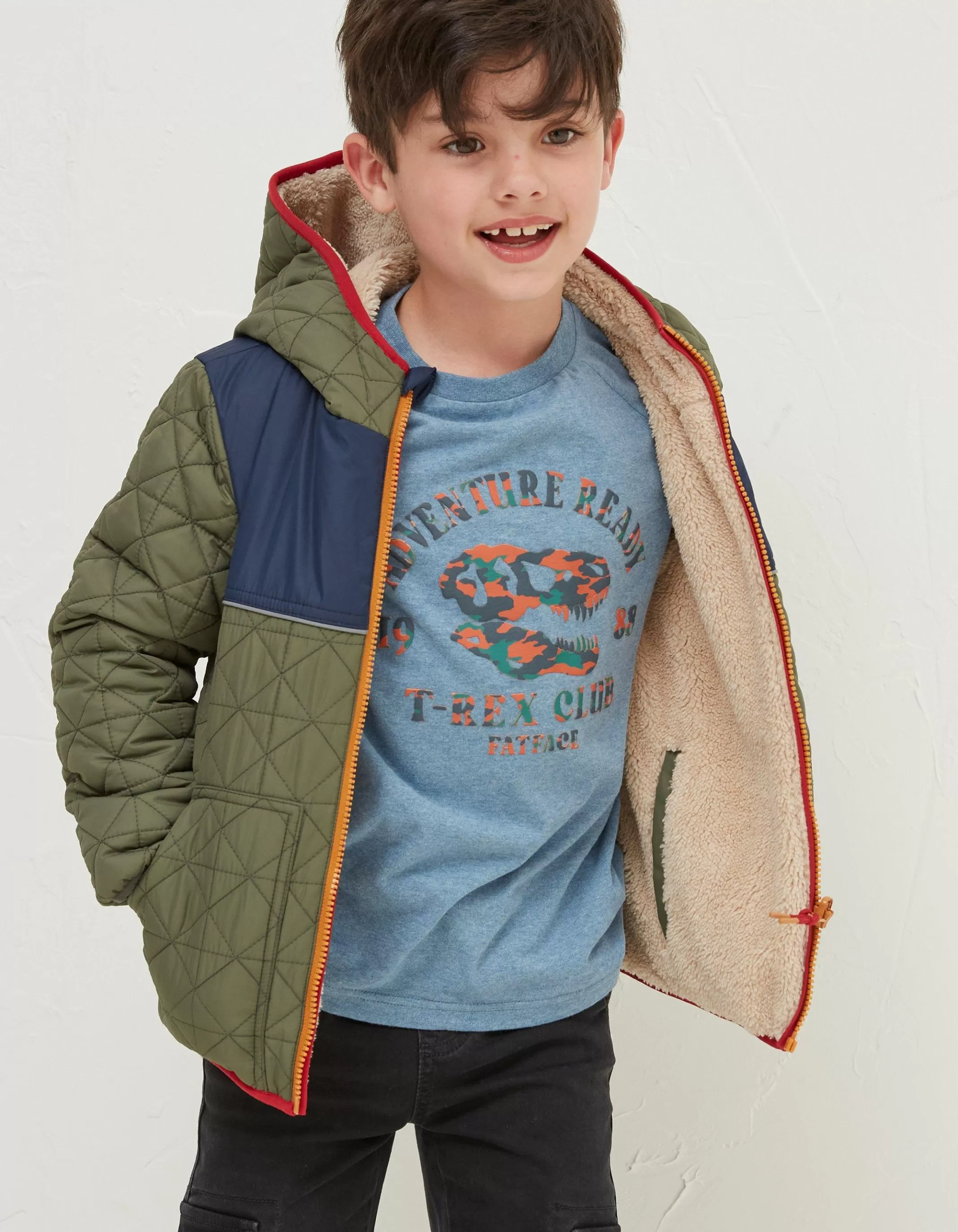 Cheap FatFace Reversible Quilted Jacket Khaki Green
