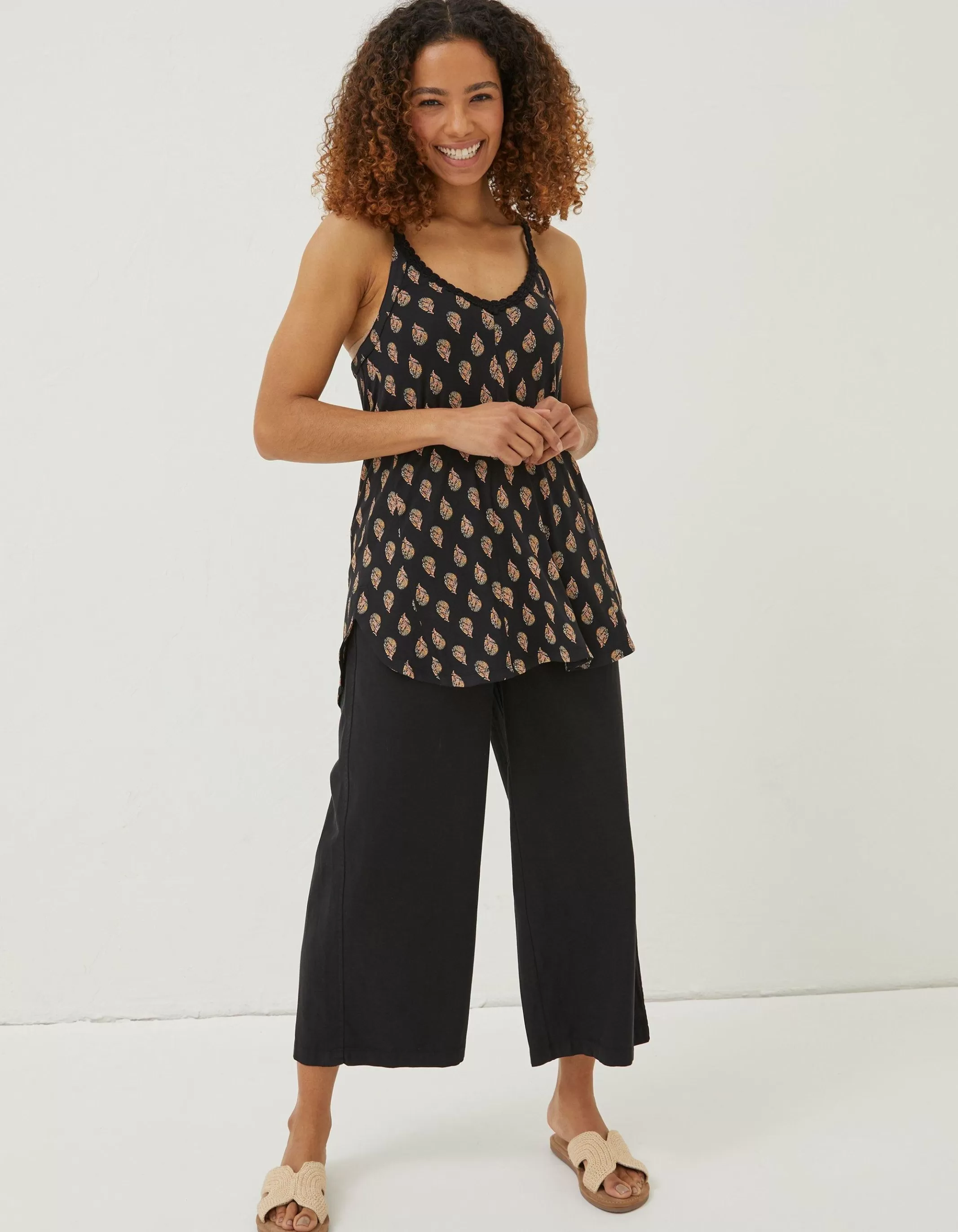 Hot FatFace Rosie Woodblock Longline Top Black