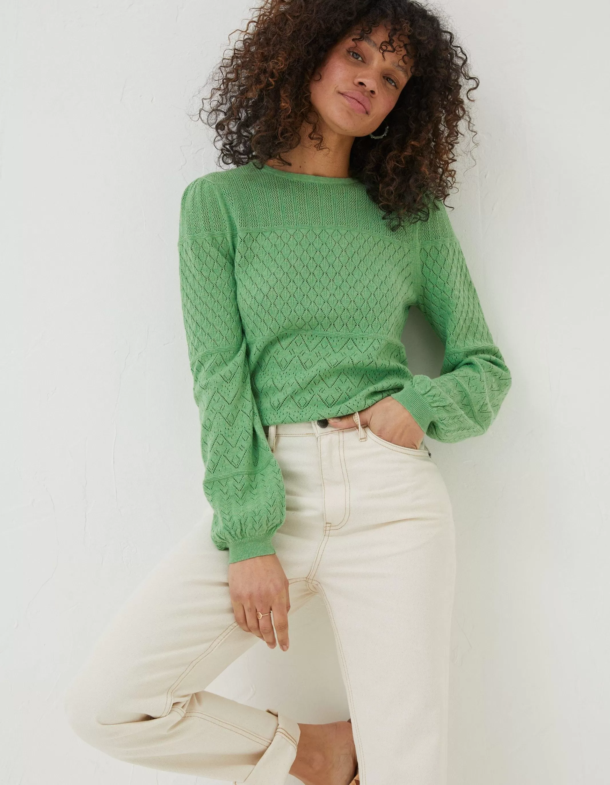 Online FatFace Sadie Pointelle Jumper Green