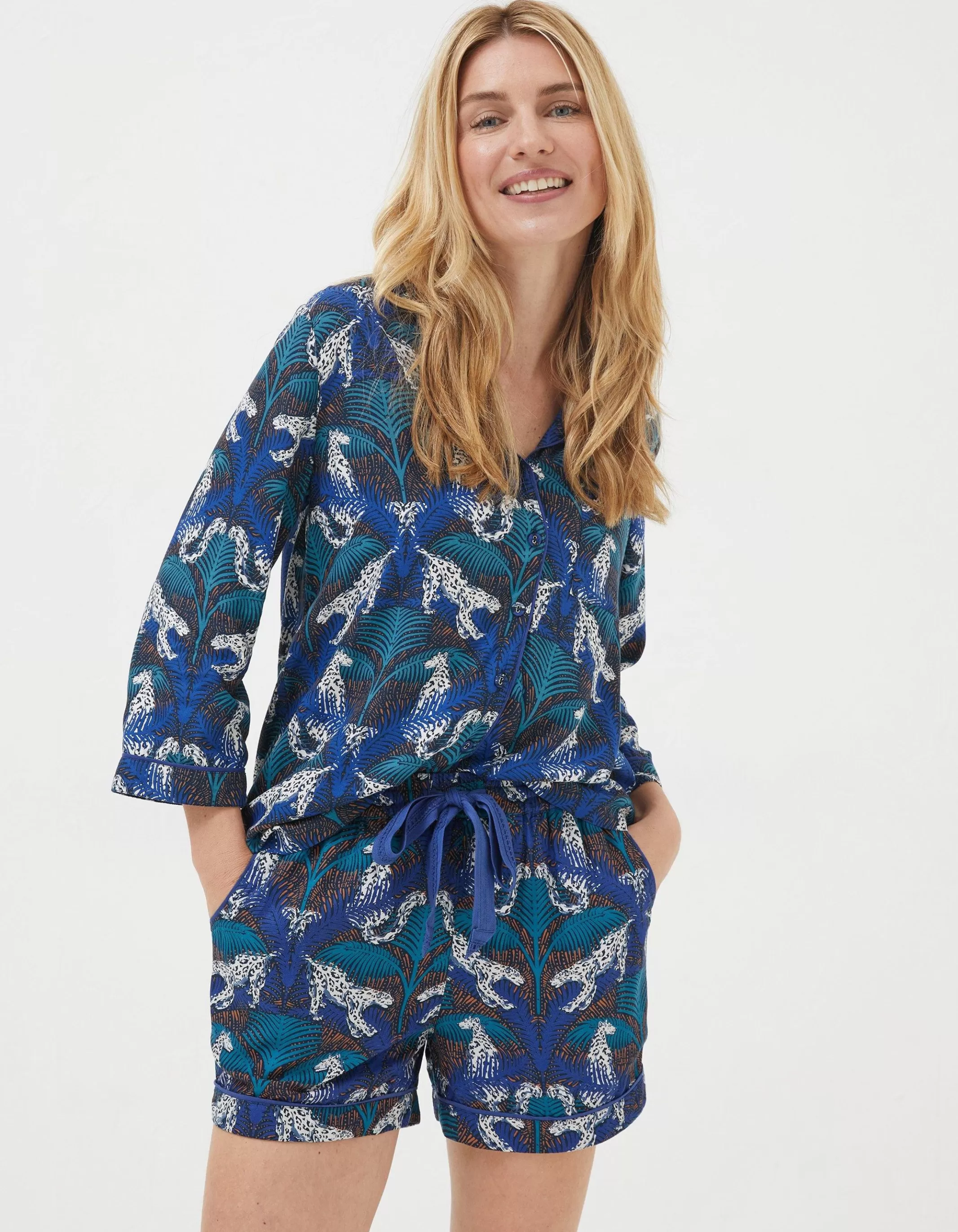 Discount FatFace Sadie Snow Leopard Pyjama Shorts Cobalt Blue