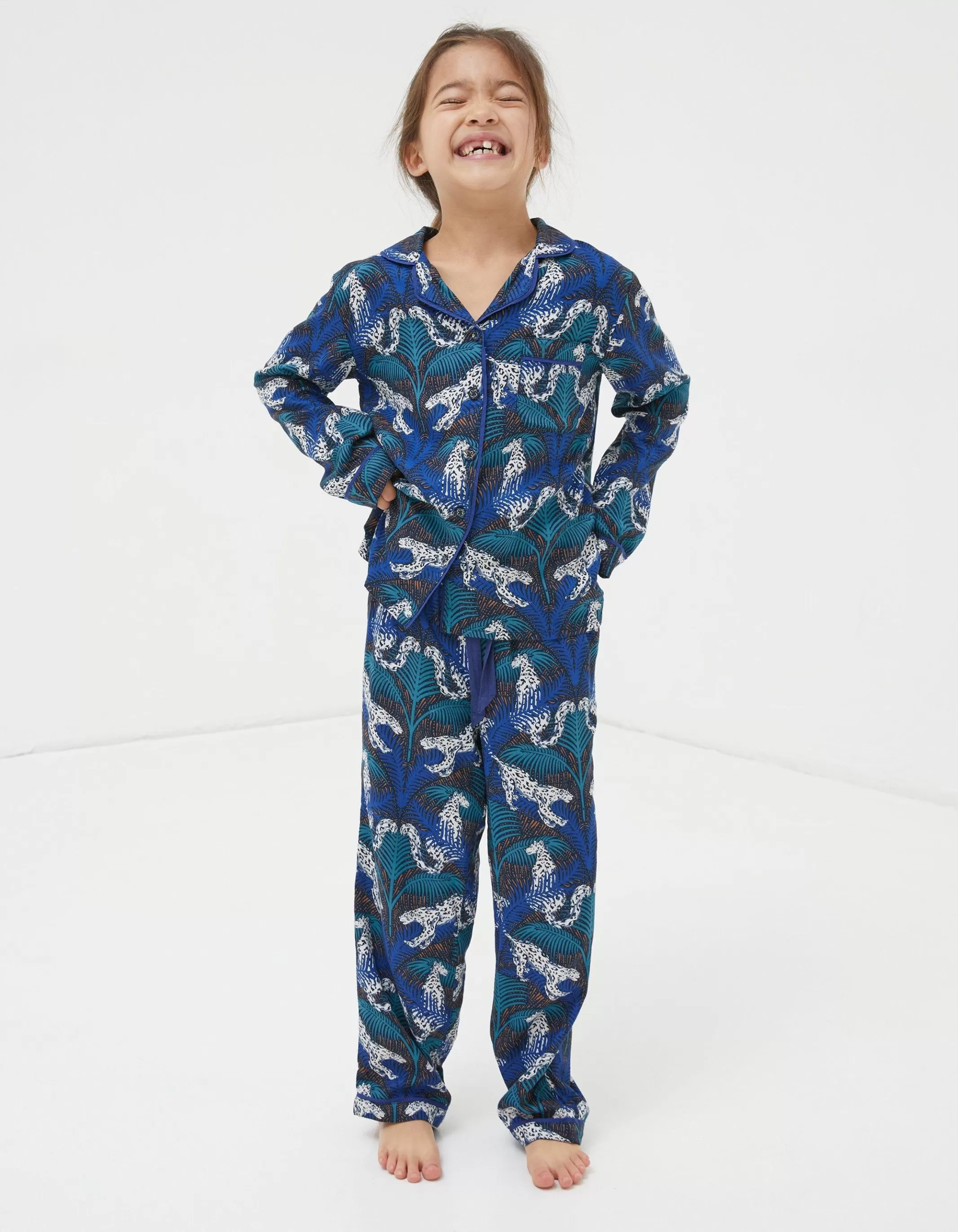 Cheap FatFace Sadie Snow Leopard Woven Pyjama Set Navy