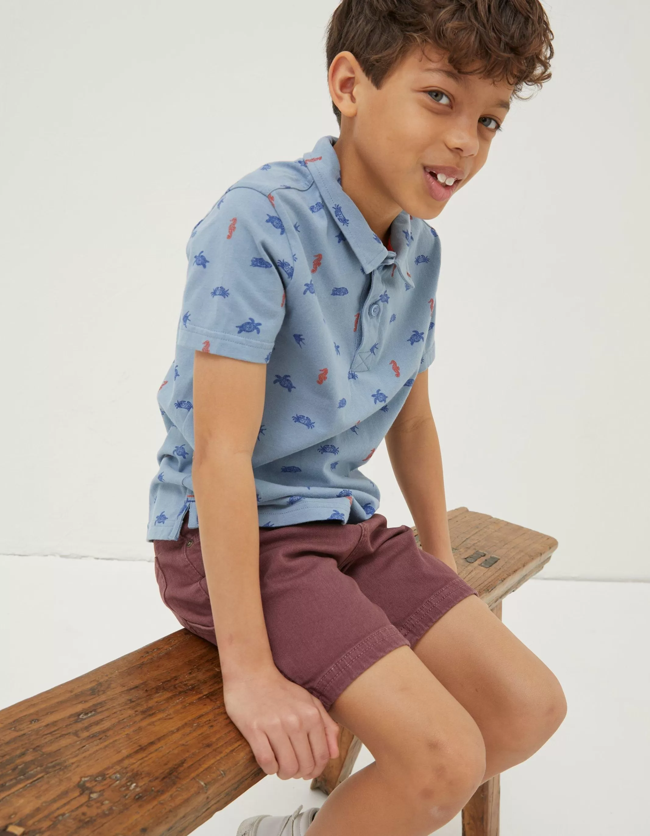 New FatFace Sea Creatures Printed Polo Top Light Blue