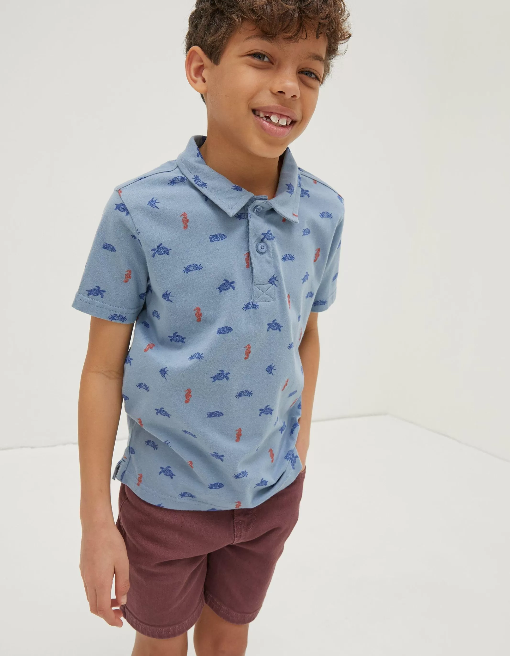 New FatFace Sea Creatures Printed Polo Top Light Blue