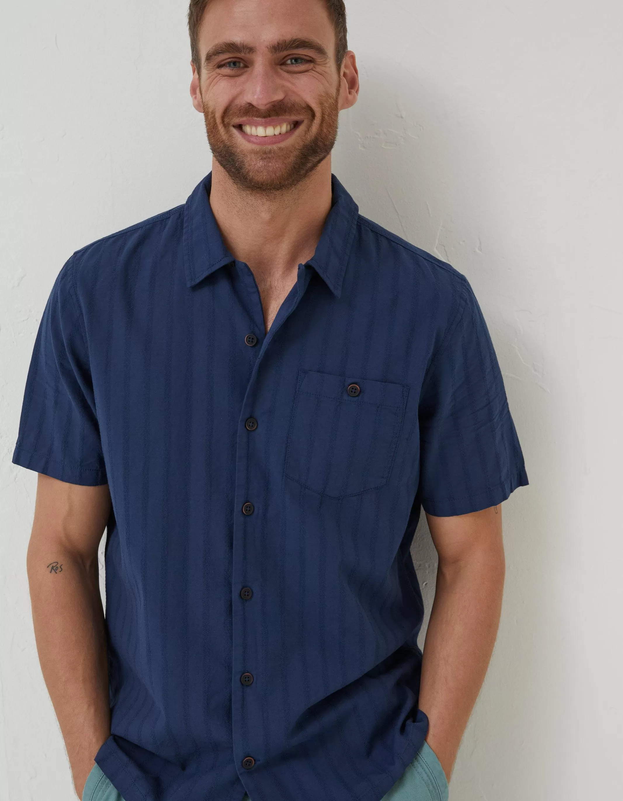 Flash Sale FatFace Self Stripe Revere Shirt Navy