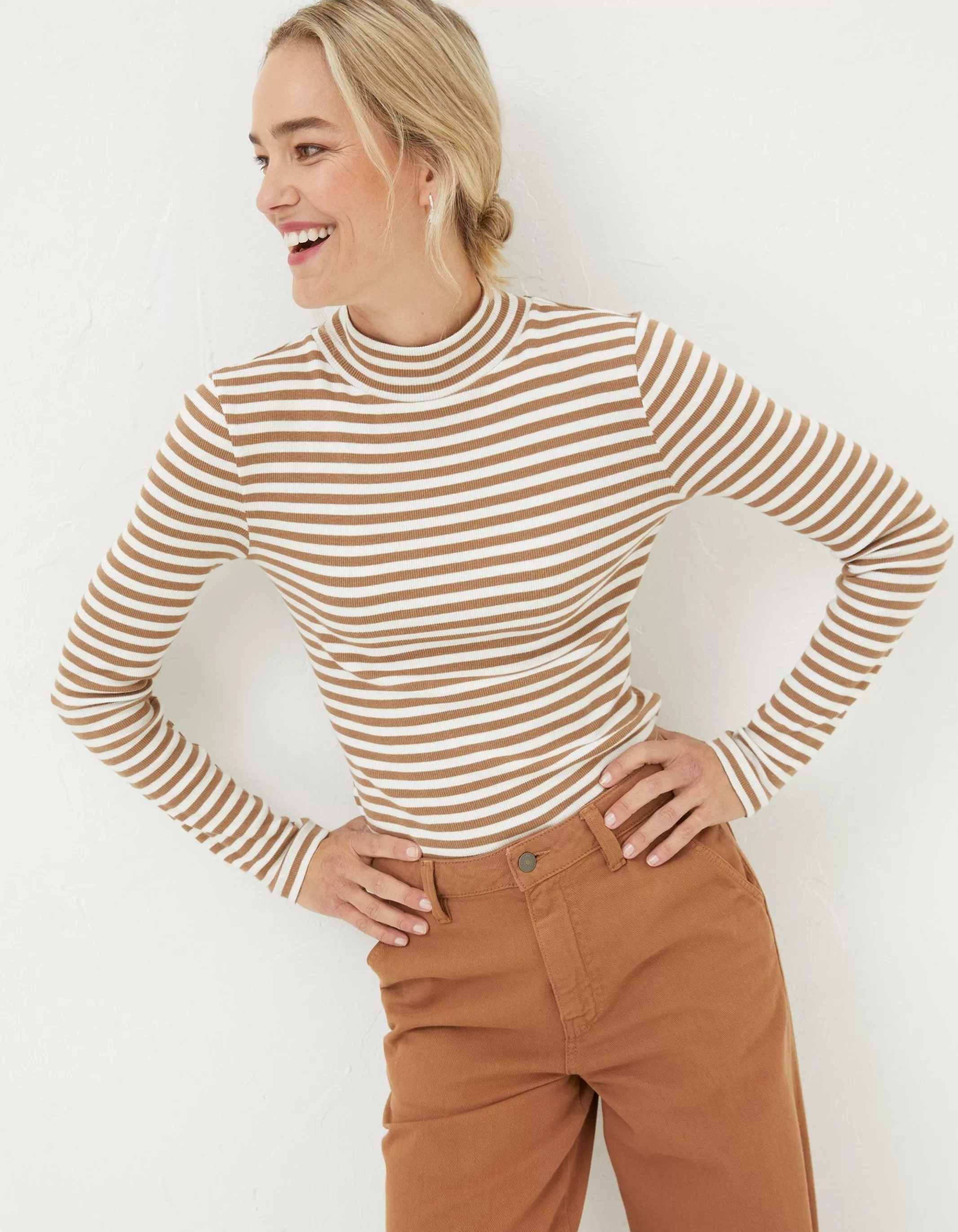 Fashion FatFace Selina Stripe Roll Neck Top Tan