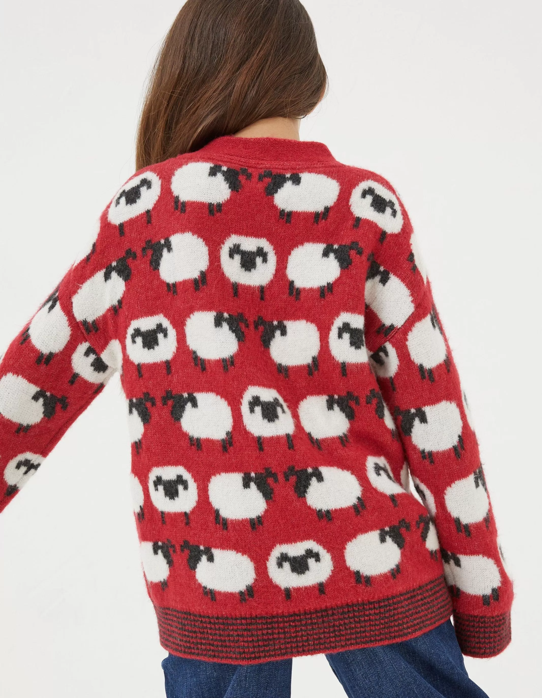 Outlet FatFace Shelter Stevie Sheep Crew Neck Jumper Cherry Red