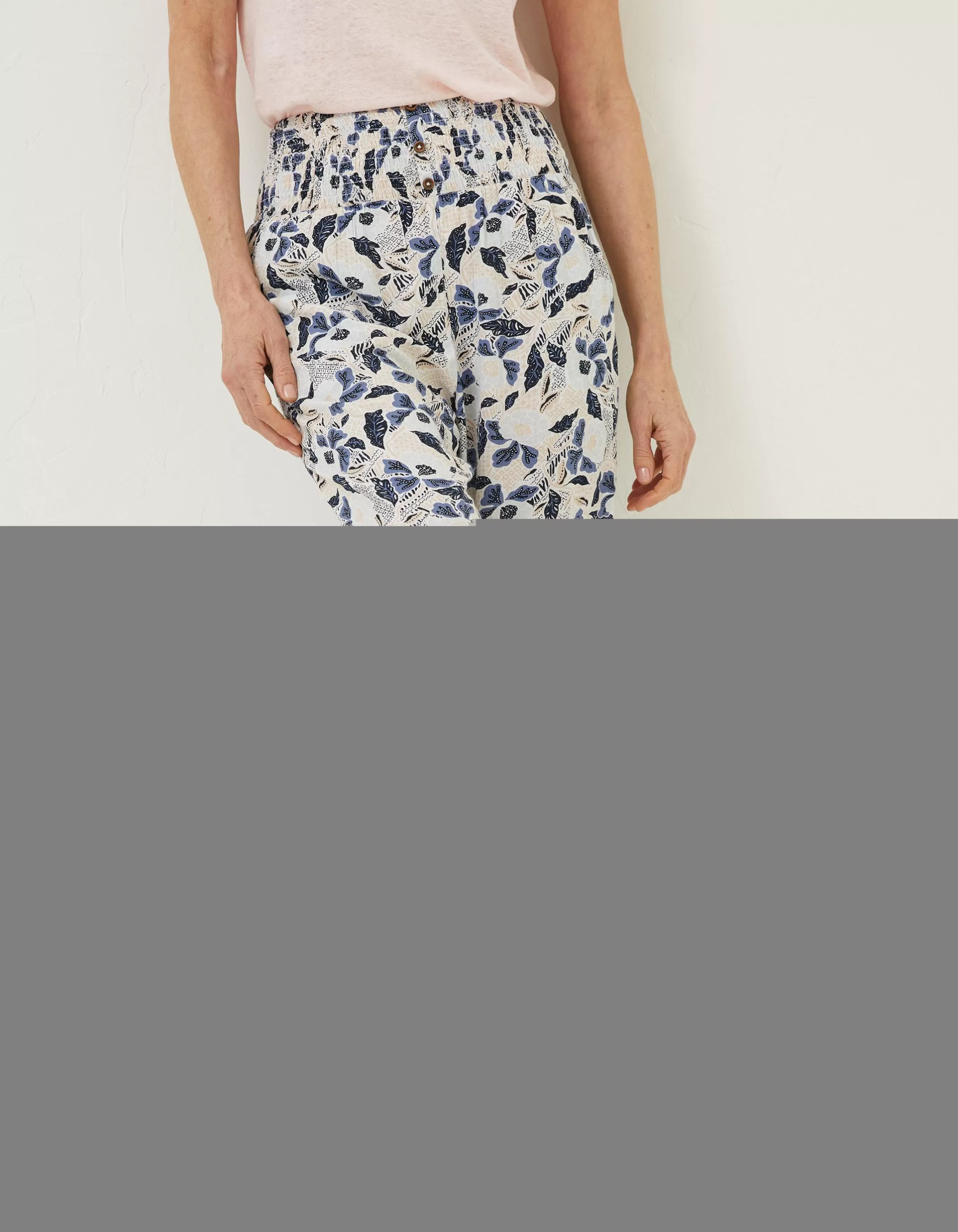 Store FatFace Shirred Batik Flowers Trousers Ivory