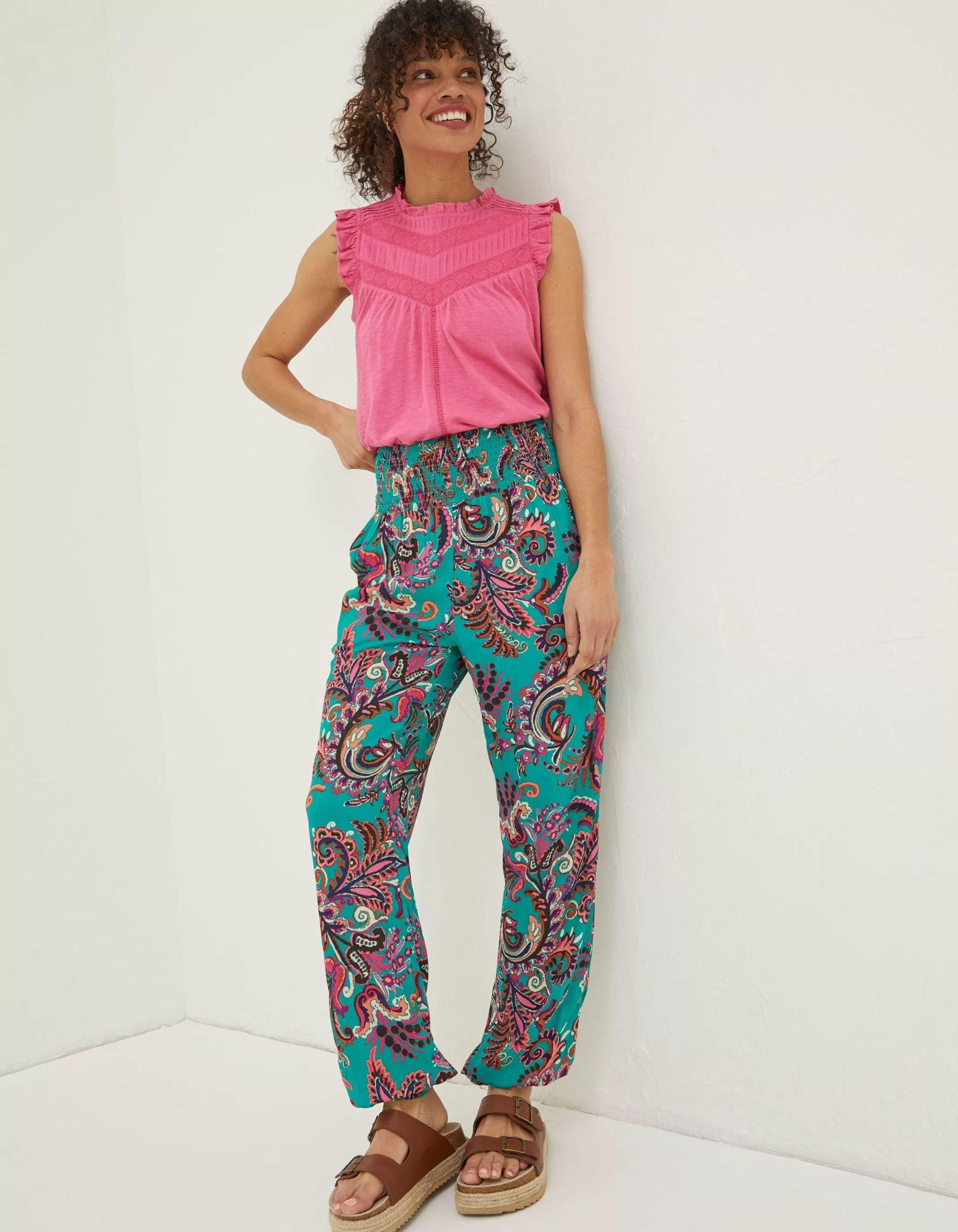 Shop FatFace Shirred Festival Trousers Teal Green