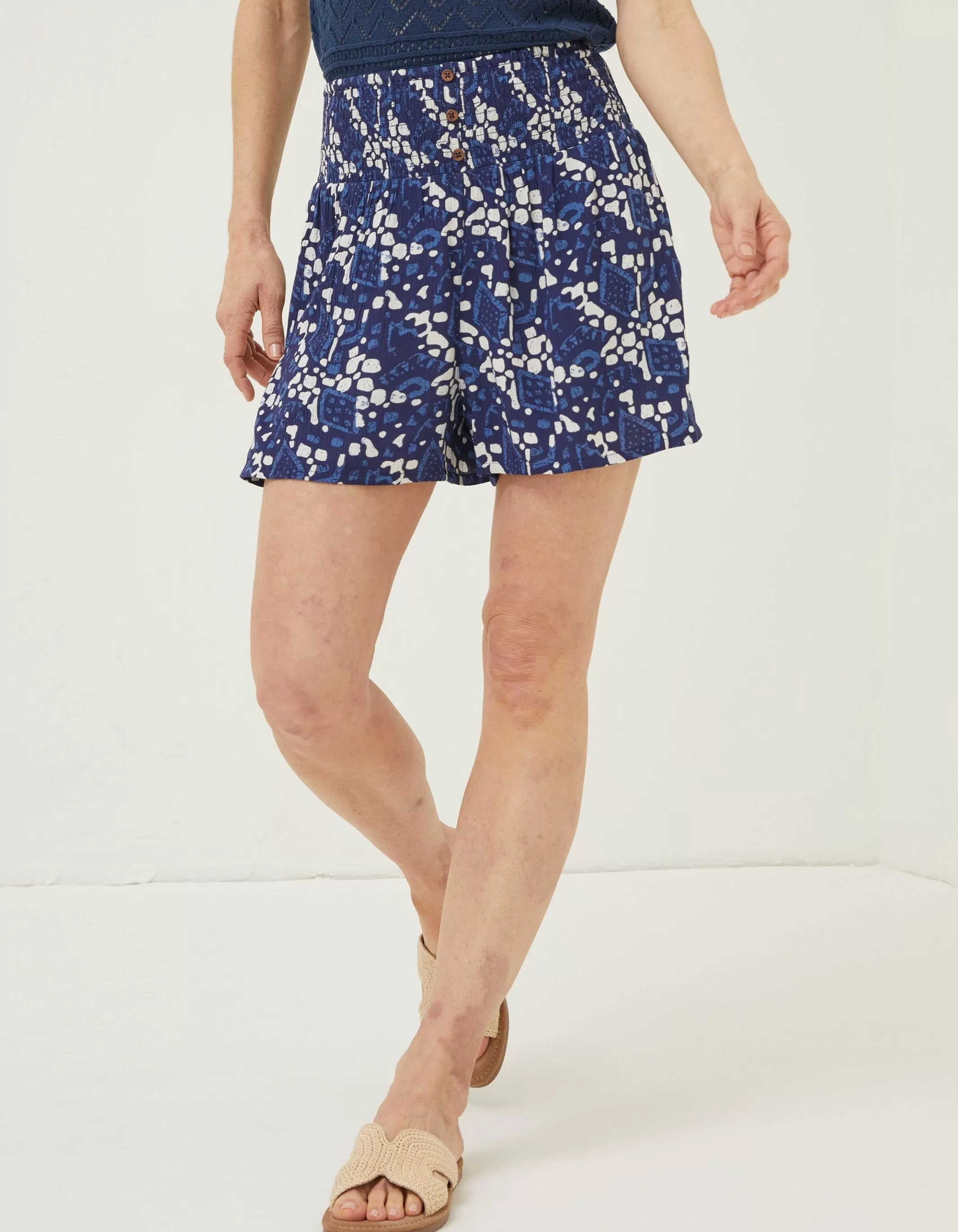 New FatFace Shirred Geo Batik Shorts Navy