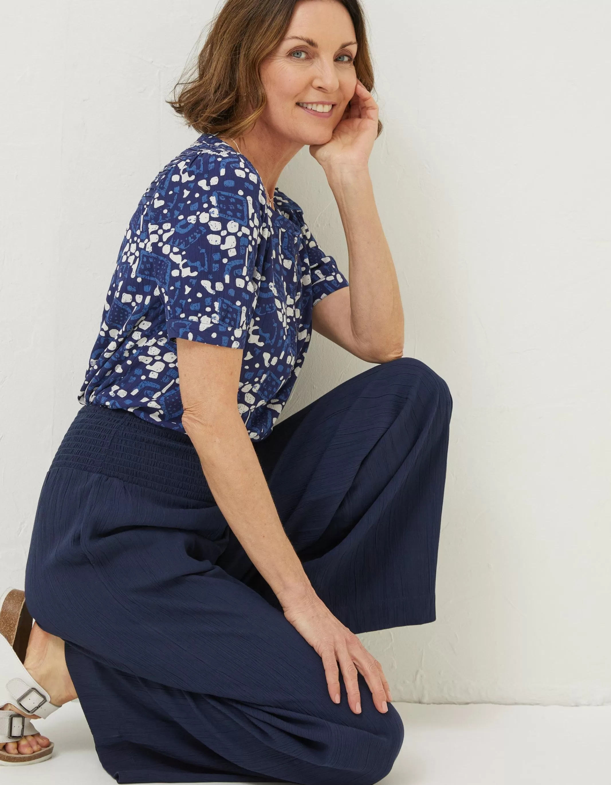 Shop FatFace Shirred Plain Palazzo Trousers Navy