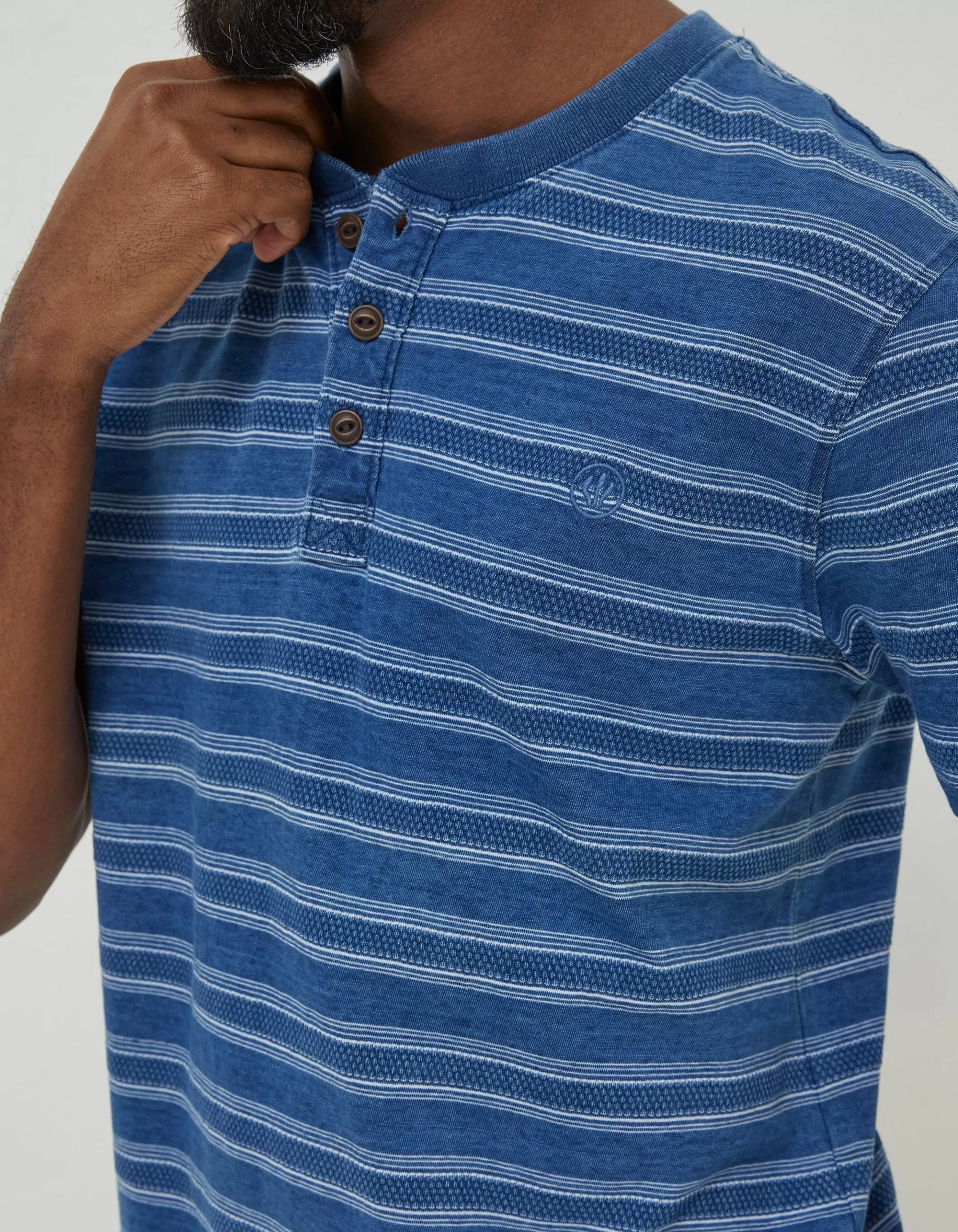 Sale FatFace Short Sleeve Indigo Texture Henley Blue