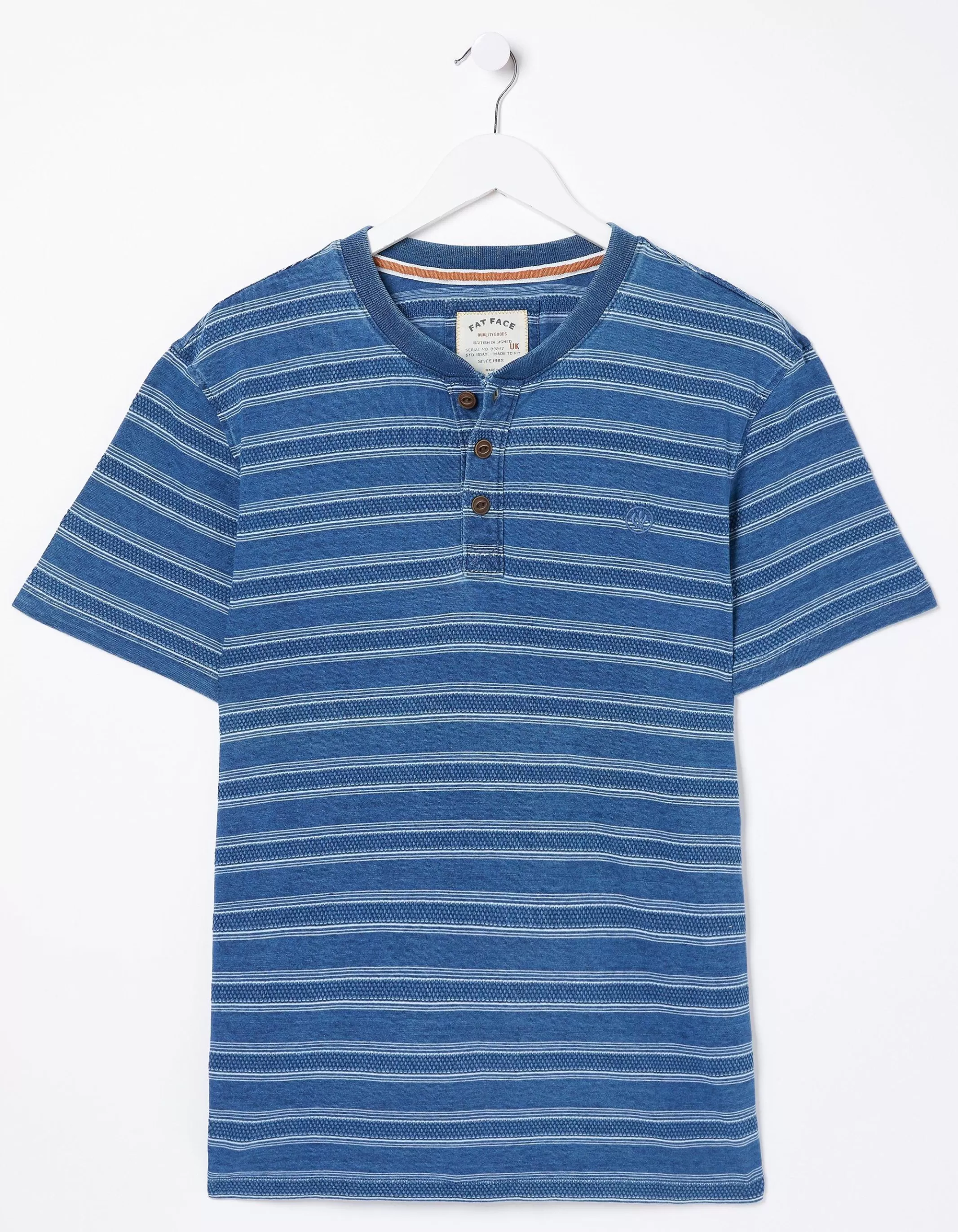Sale FatFace Short Sleeve Indigo Texture Henley Blue