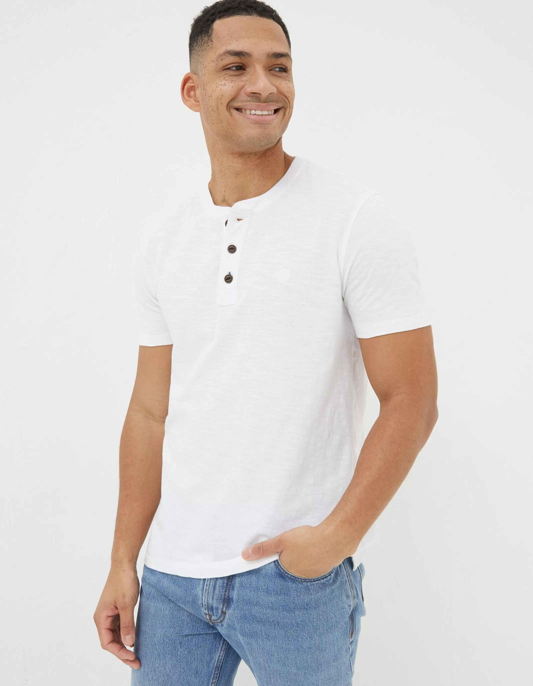 Cheap FatFace Short Sleeve Slub Henley T-Shirt White