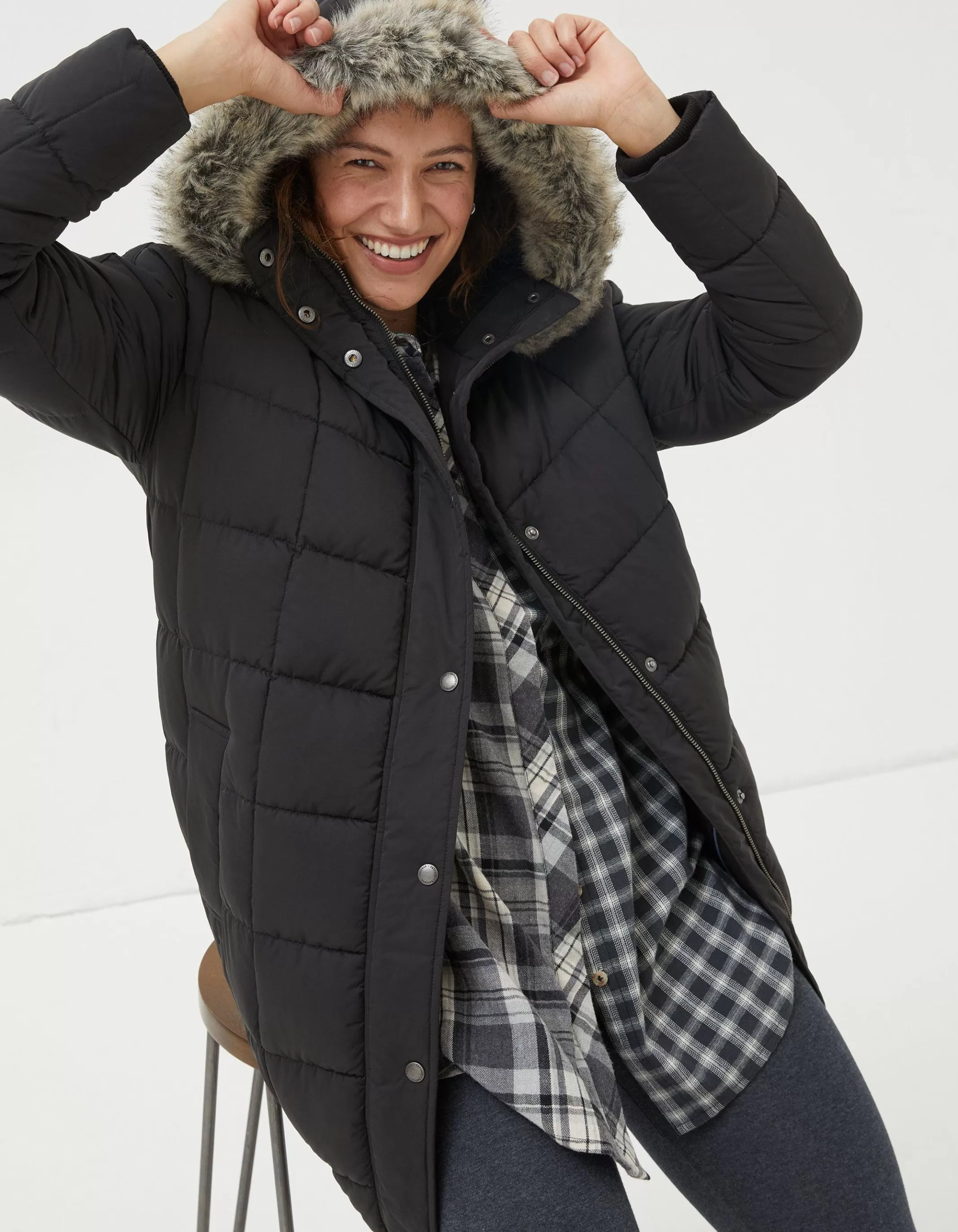 Sale FatFace Sienna Quilted Mid Length Coat Black